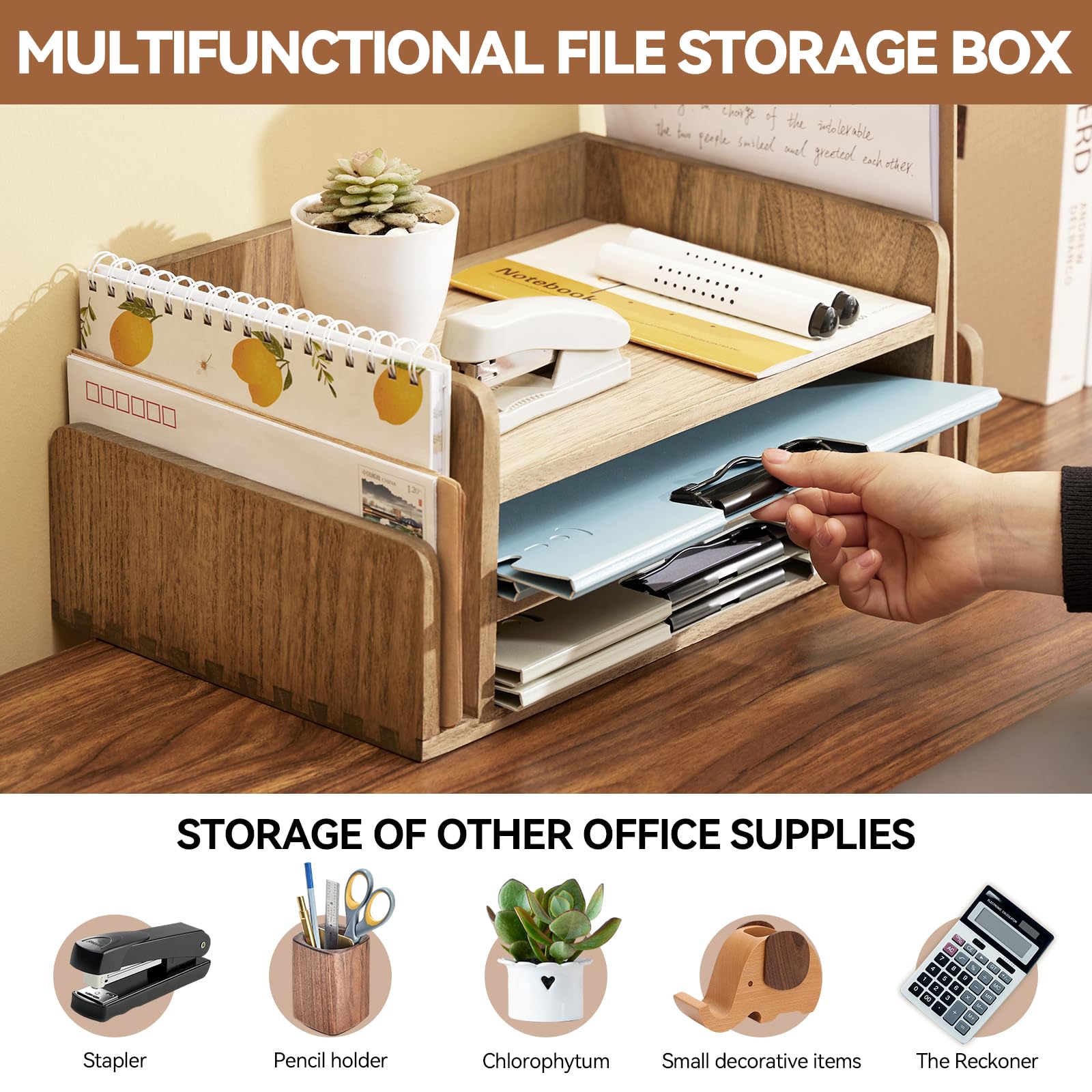 KIRIGEN Wood Desk Organizer, 5-Tray Letter Tray and Mail Sorter, Brown 2TP