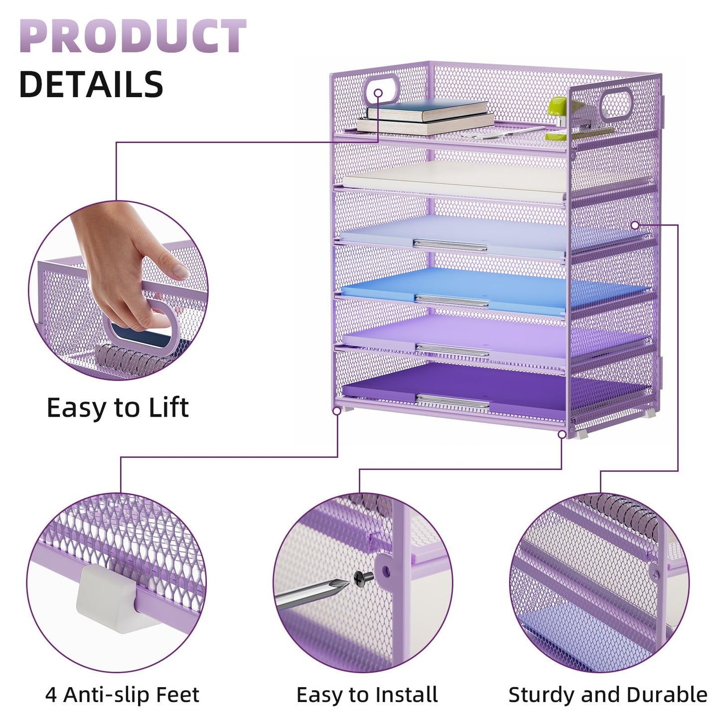 Marbrasse 6 Tier Paper Organizer Letter Tray - Mesh Desk File Organizer with Handle, Paper Sorter