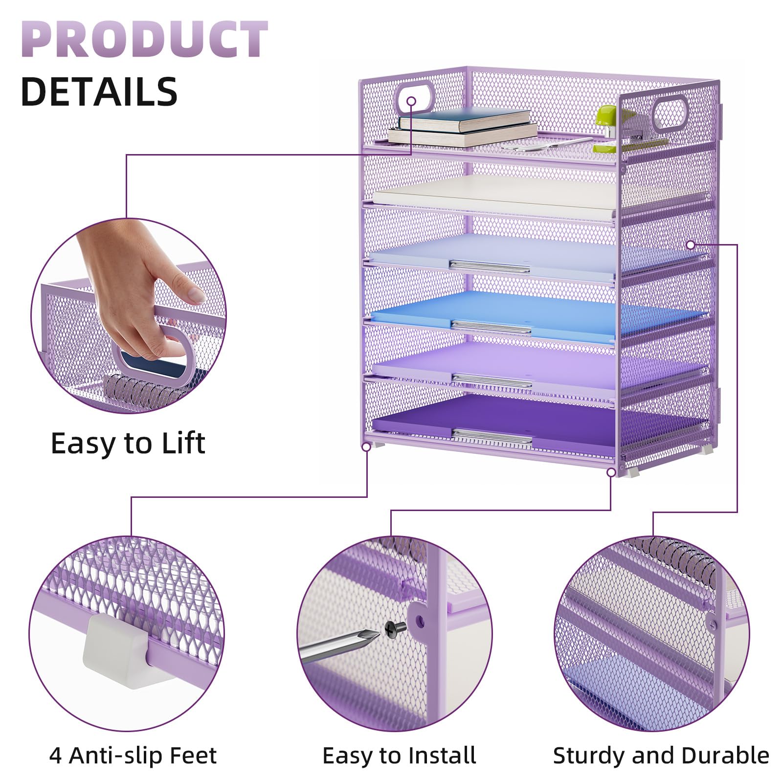 Marbrasse 2 Pack Desk Organizer with Handle, 6 Tier Paper Letter Tray, Mesh Desk File Organizer for