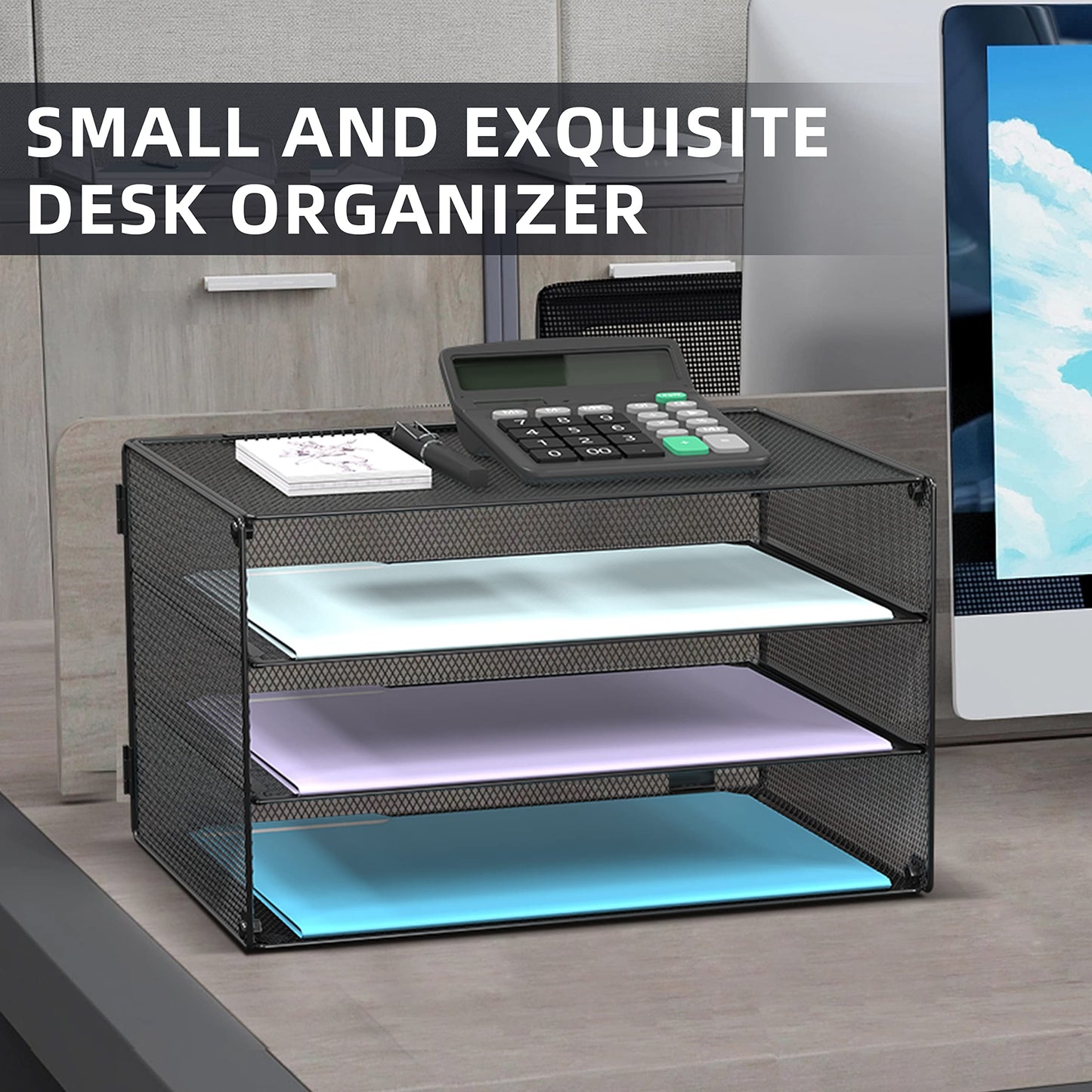 DALTACK 3 Tier Letter Tray Paper Organizer with Sliding Mesh Trays Black