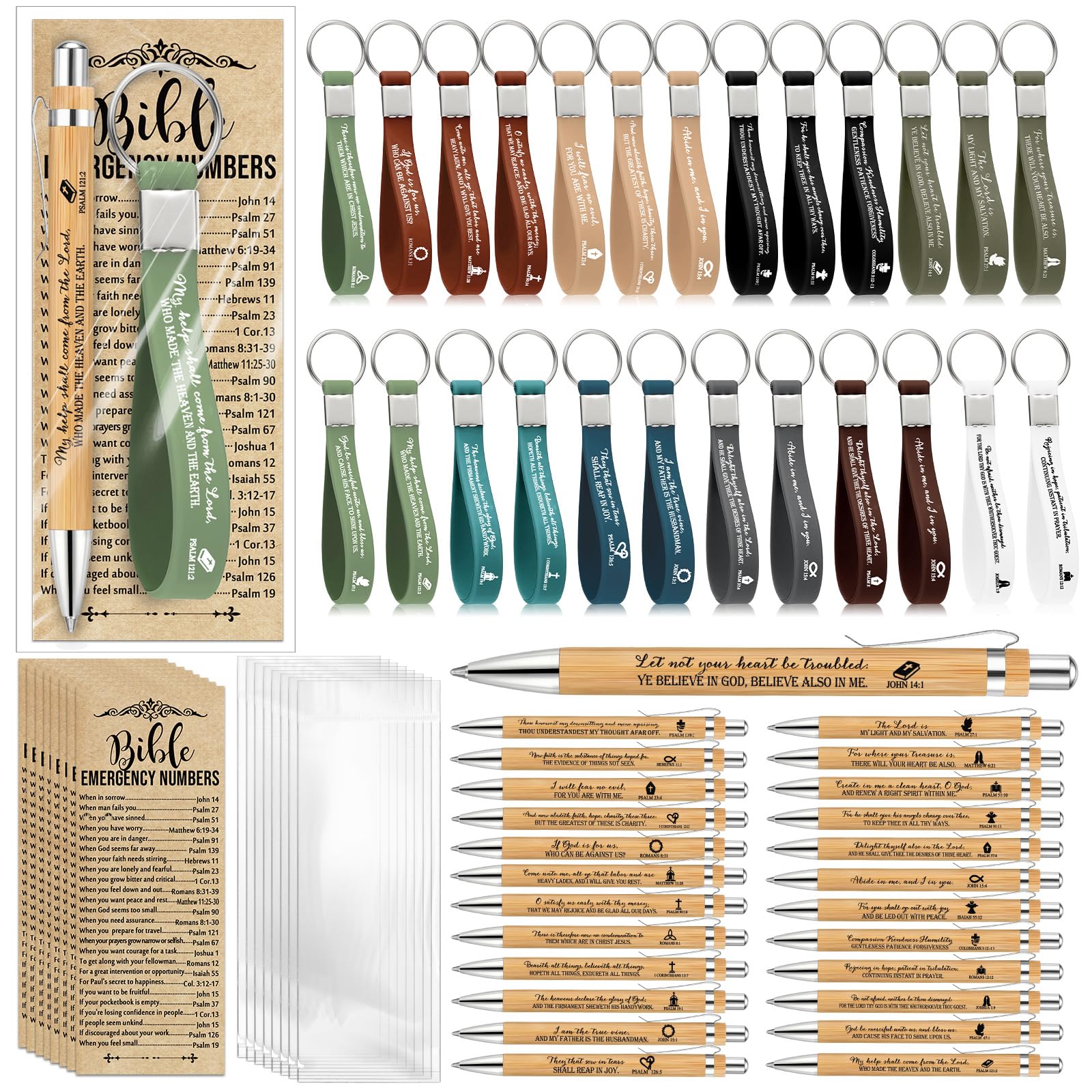 Feifeiya 25 Sets Christian Bulk Pens Bamboo Bible Verse Keychain Bookmark