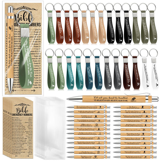 Feifeiya 25 Sets Christian Bulk Pens Bamboo Bible Verse Keychain Bookmark