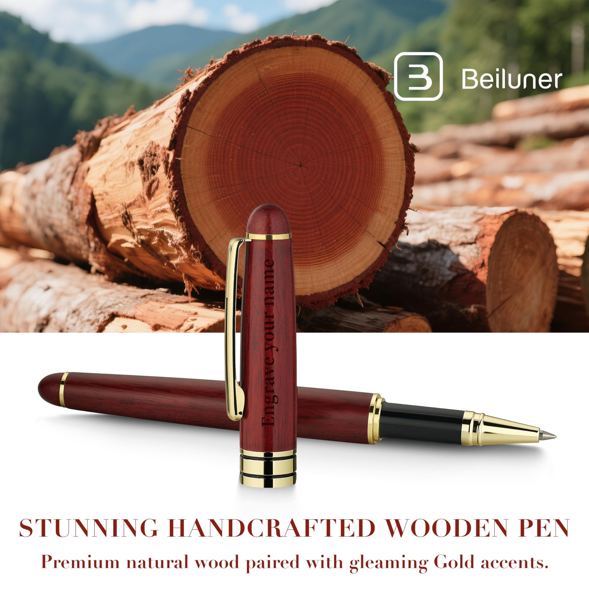 BEILUNER Personalized Wood Rollerball Pen Set,Rosewood with Gold Finish