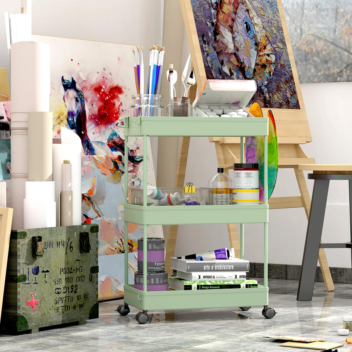 SPACEKEEPER 3 Tier Rolling Cart, Bathroom Cart Organizer with Wheels, Green