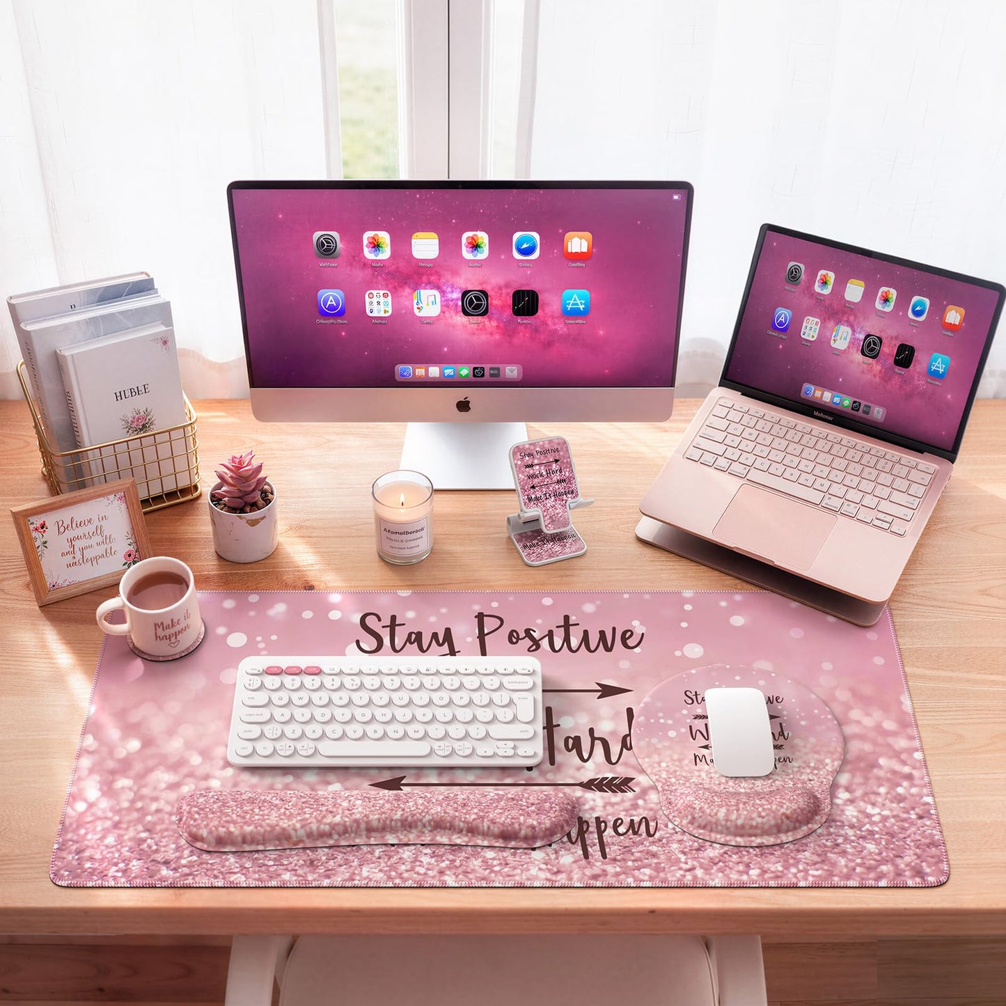 iCasso Pink Ergonomic Mouse Pad with Wrist Rests Set for Desk Accessories