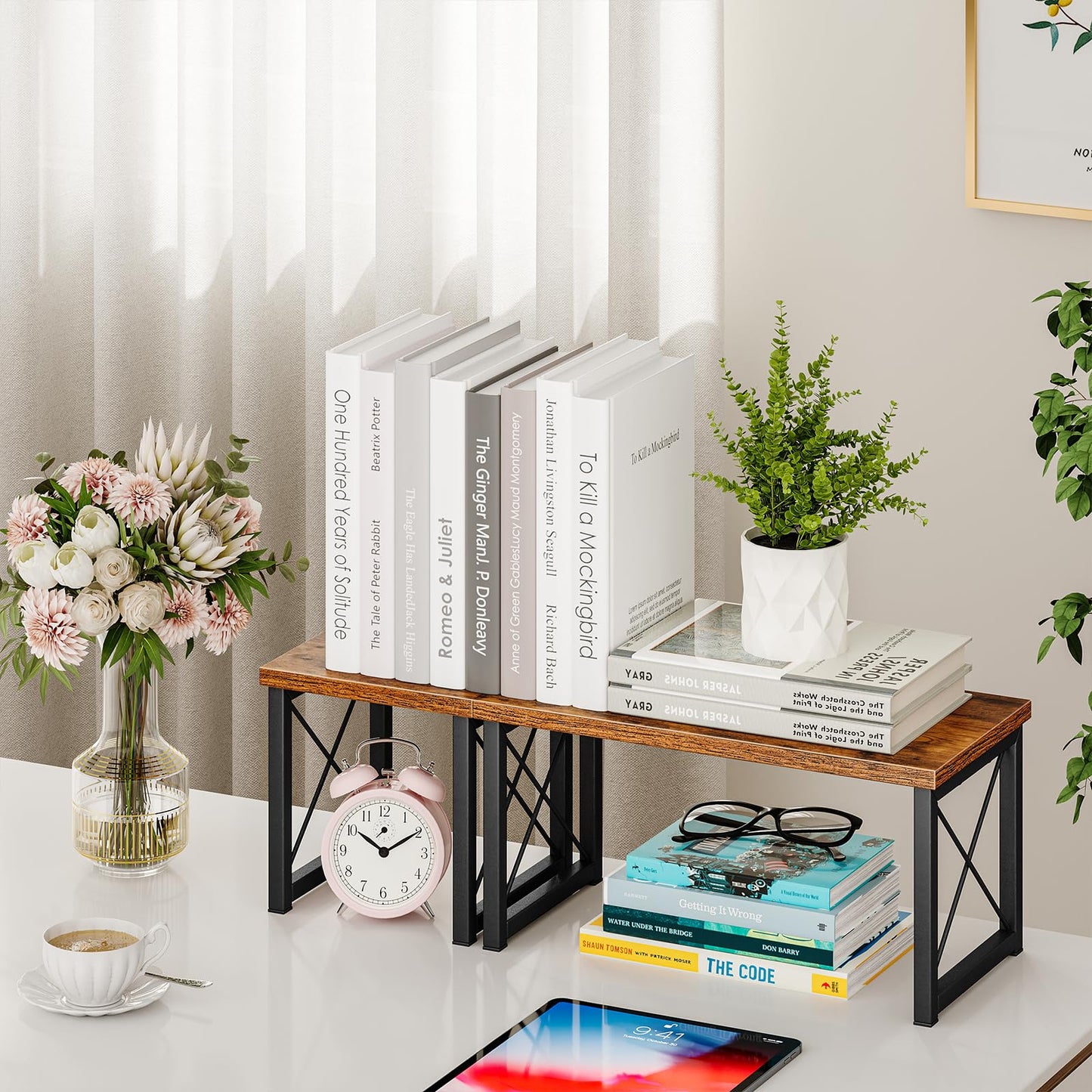 Honiter Desk Shelf Organizer, Desk Shelf for Top of Desk, 2 Tier Adjustable Small Bookshelf