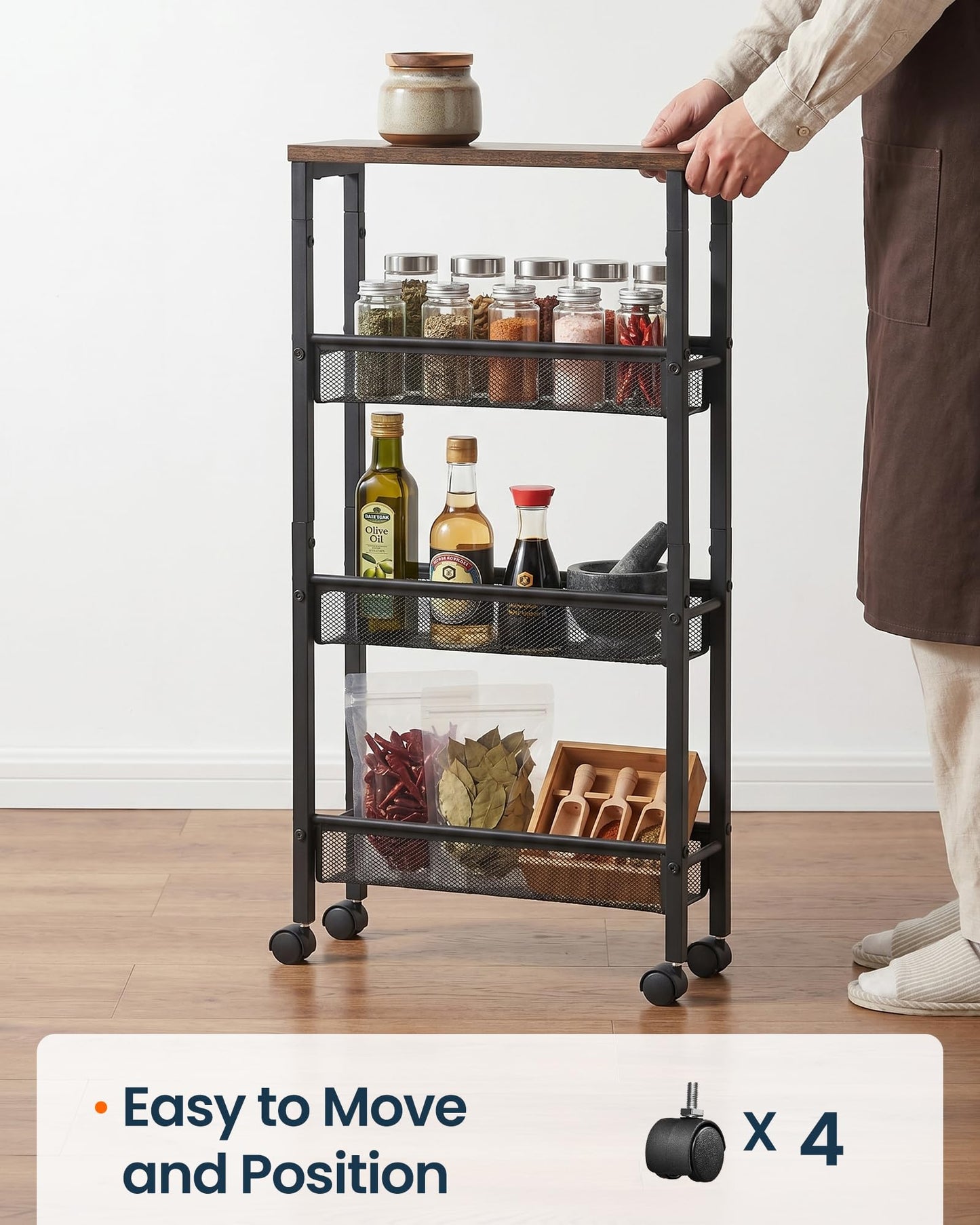SONGMICS HOME Slim Rolling Cart, 4-Tier Storage Cart with Wheels and Handle, Narrow Utility Cart
