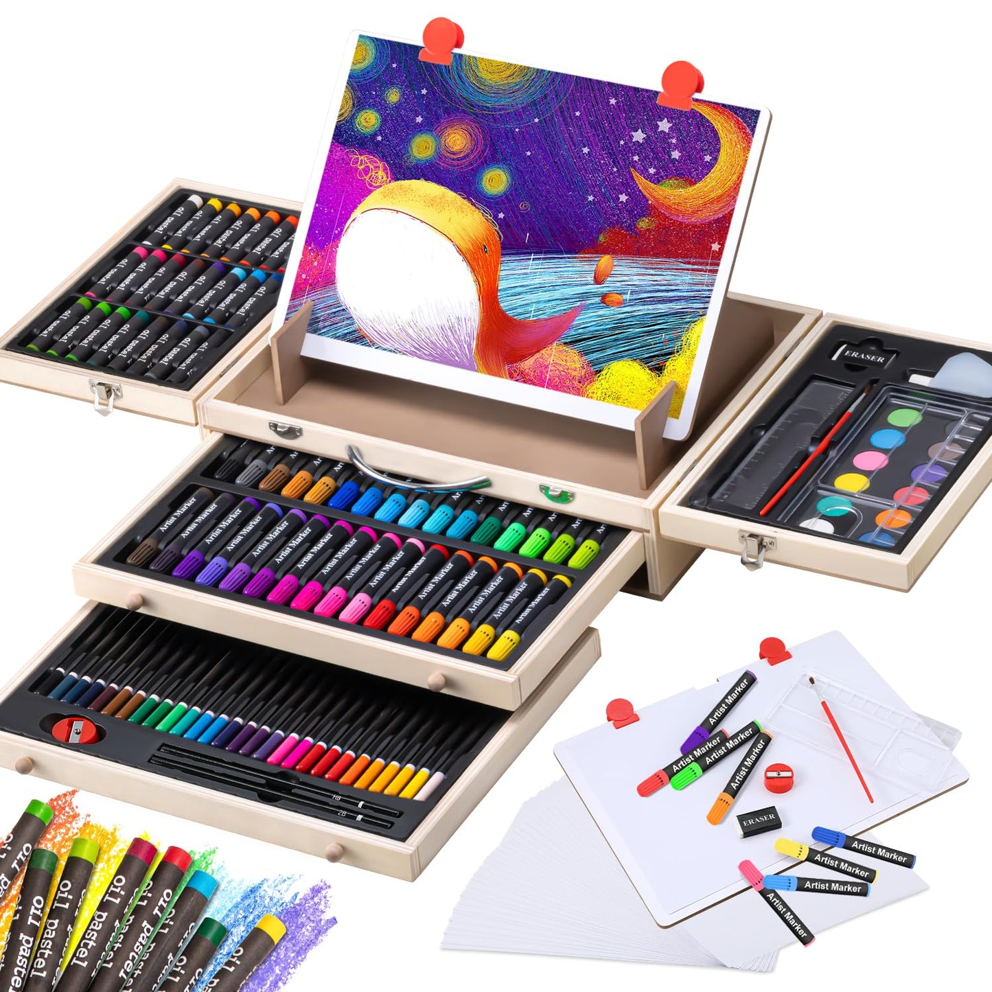 VigorFun Art Supplies, Wooden Art Set Crafts Drawing Kit with Drawing Easel