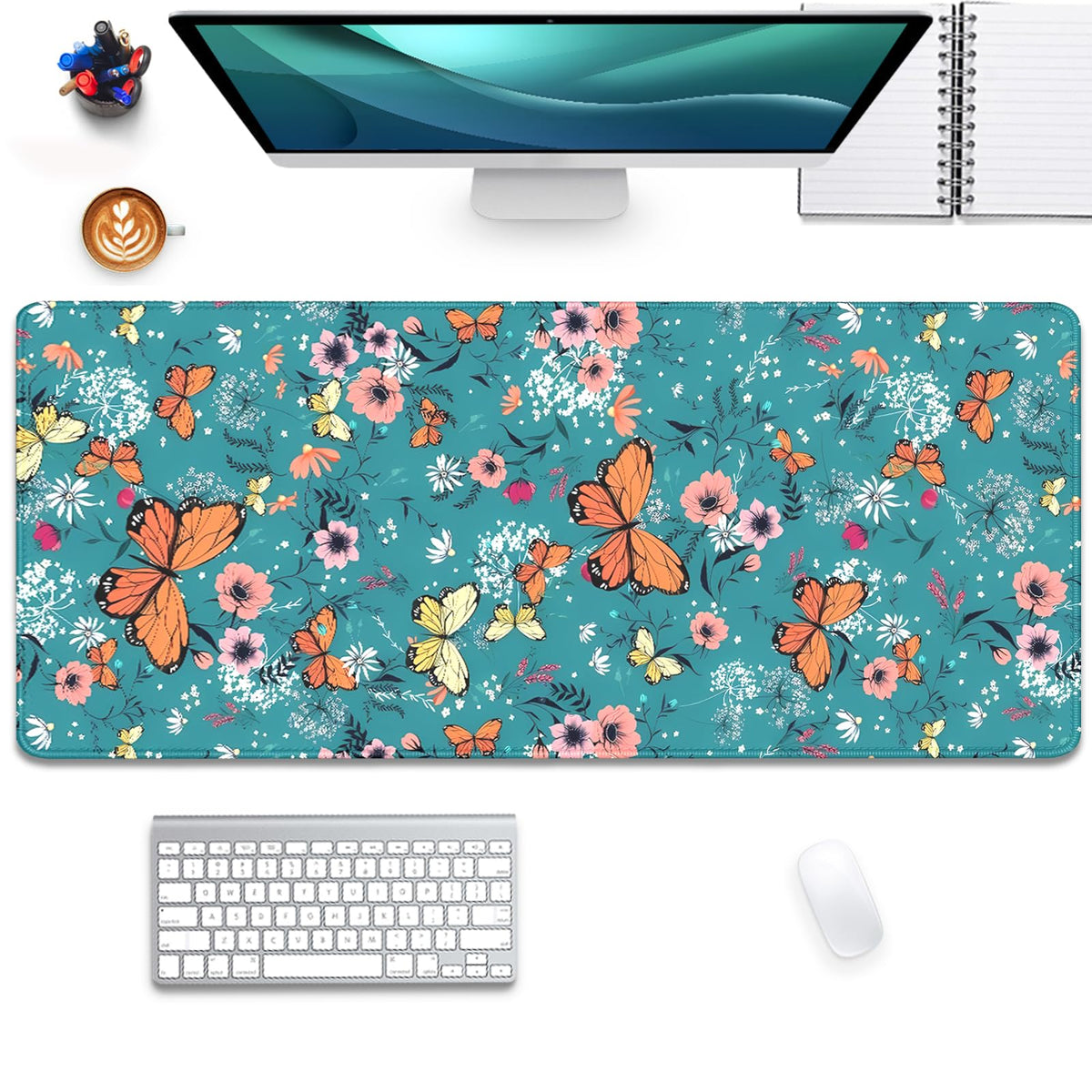 Colorful Butterflies and Flowers Extended Desk Pad Mouse Pad,Stitched Edges Non-Slip Rubber Base XL