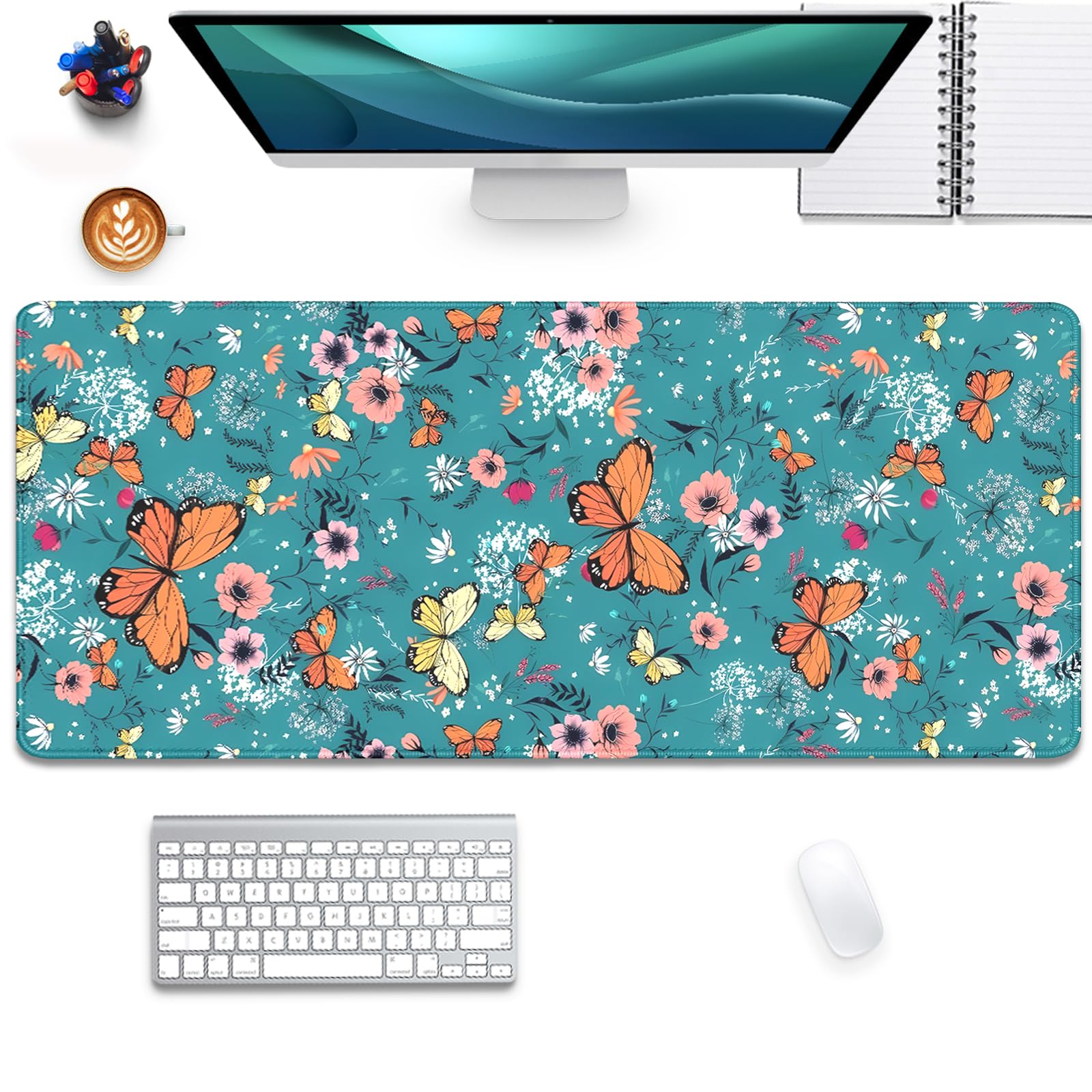 Colorful Butterflies and Flowers Extended Desk Pad Mouse Pad,Stitched Edges Non-Slip Rubber Base XL
