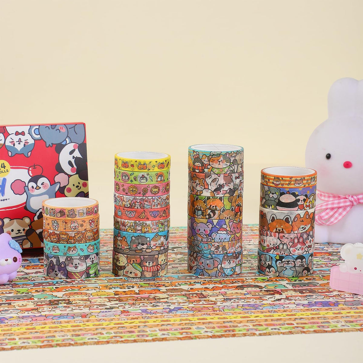 24 Rolls Colorful Cute Cartoon Animal Writable Washi Tape Set, Decorative Tapes for Scrapbooking