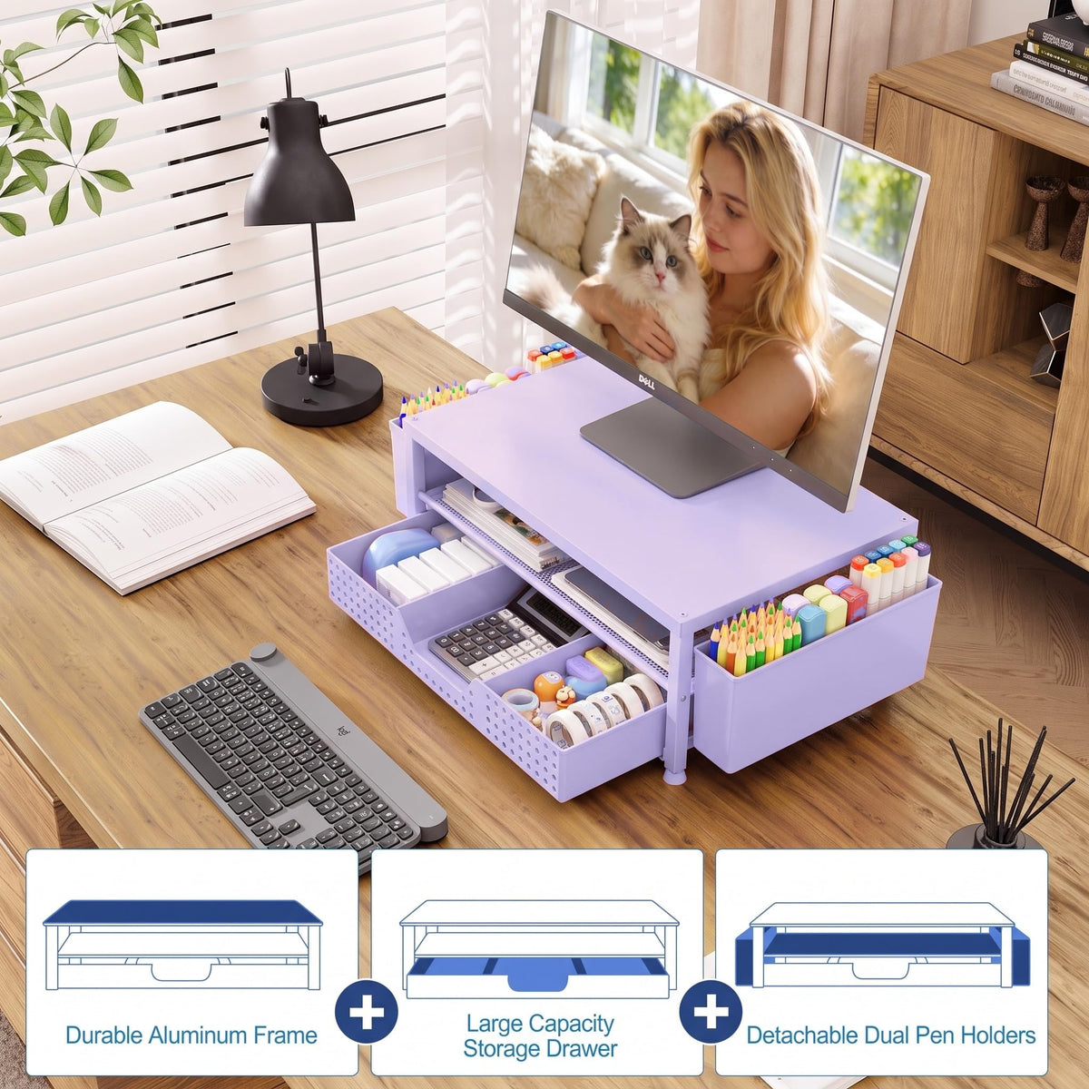 OPNICE Desk Organizers and Accessories, Computer Monitor Stand Riser with Drawer and 2 Pen Holders