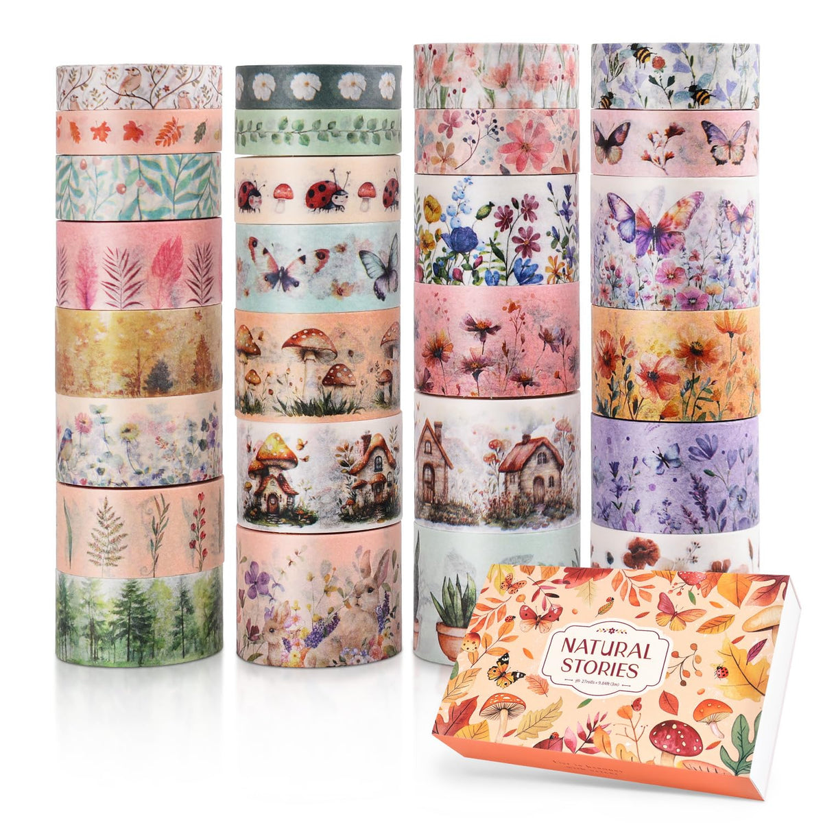 PAGEMORE 27 Rolls Vintage Washi Tape Set, Floral Butterfly Forest Mushroom Botanical Flower