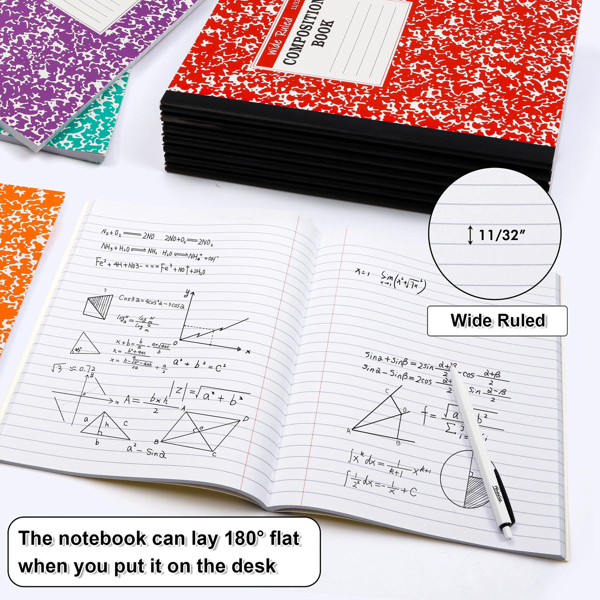 feela Composition Notebook, 8 Pack 8 Pastel Colors Wide Ruled Composition Books Bulk, Marble Cover