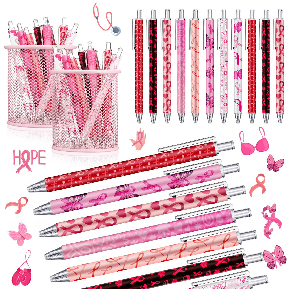 Leinuosen 72 Pcs Breast Cancer Awareness Pen Bulk Pink Ribbon Ballpoint Pen