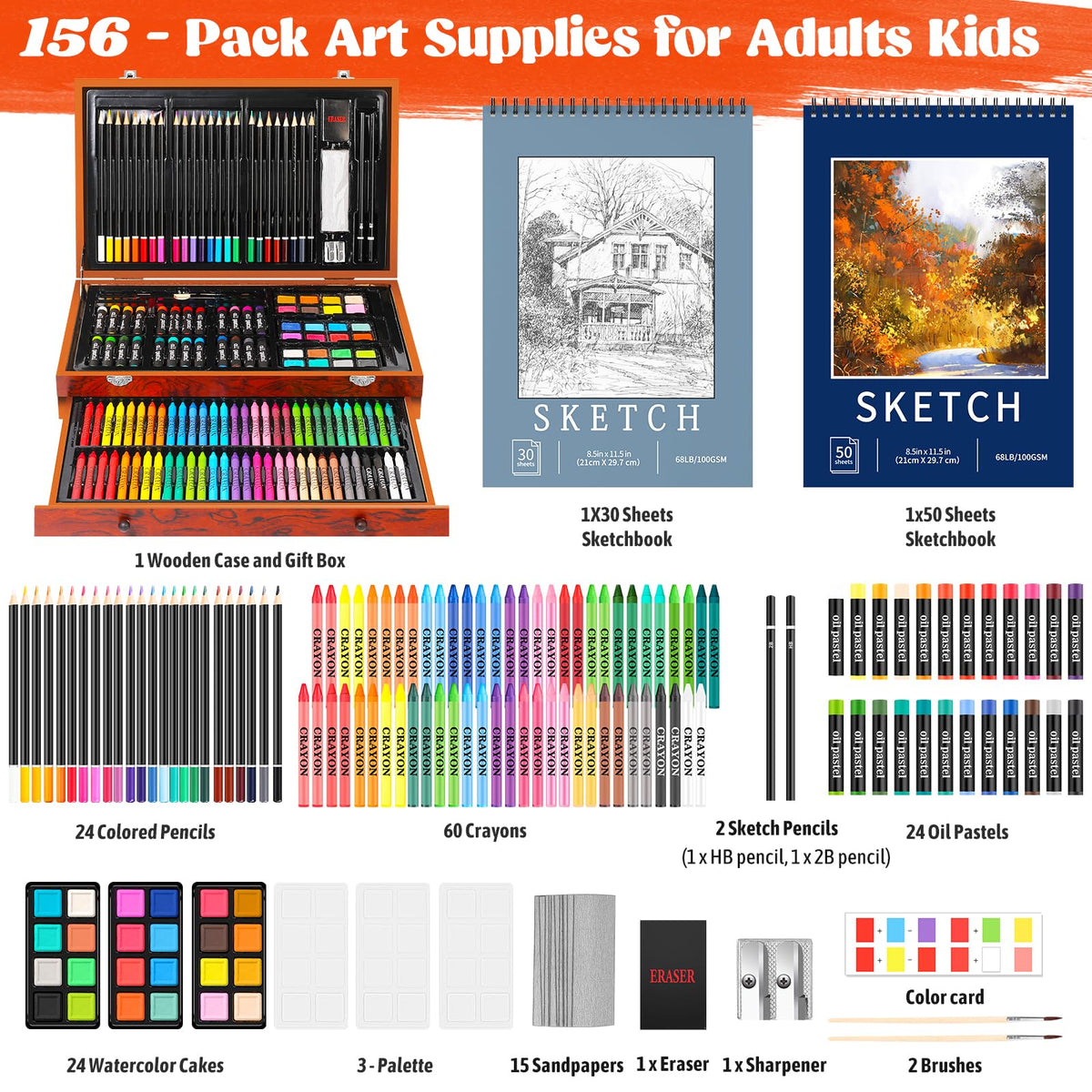 Hapikalor 156-Pack Art Kit Drawing Set with 2 Sketch Book, Crayons, Colored Pencils, Arts and