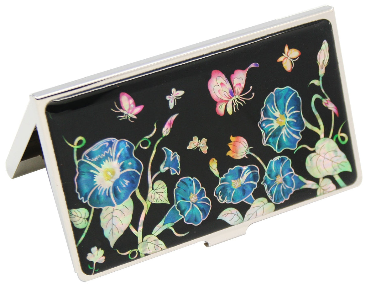 Antique Alive Mother of Pearl Blue Morning Glory Flower Design Metal Business Credit Name Id Card