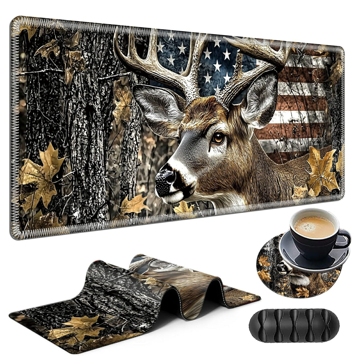 Large Gaming Mouse Pad Plus a Coasters + Cable Clips, Camo Deer Extended Mousepad (31.5 x 11.8)