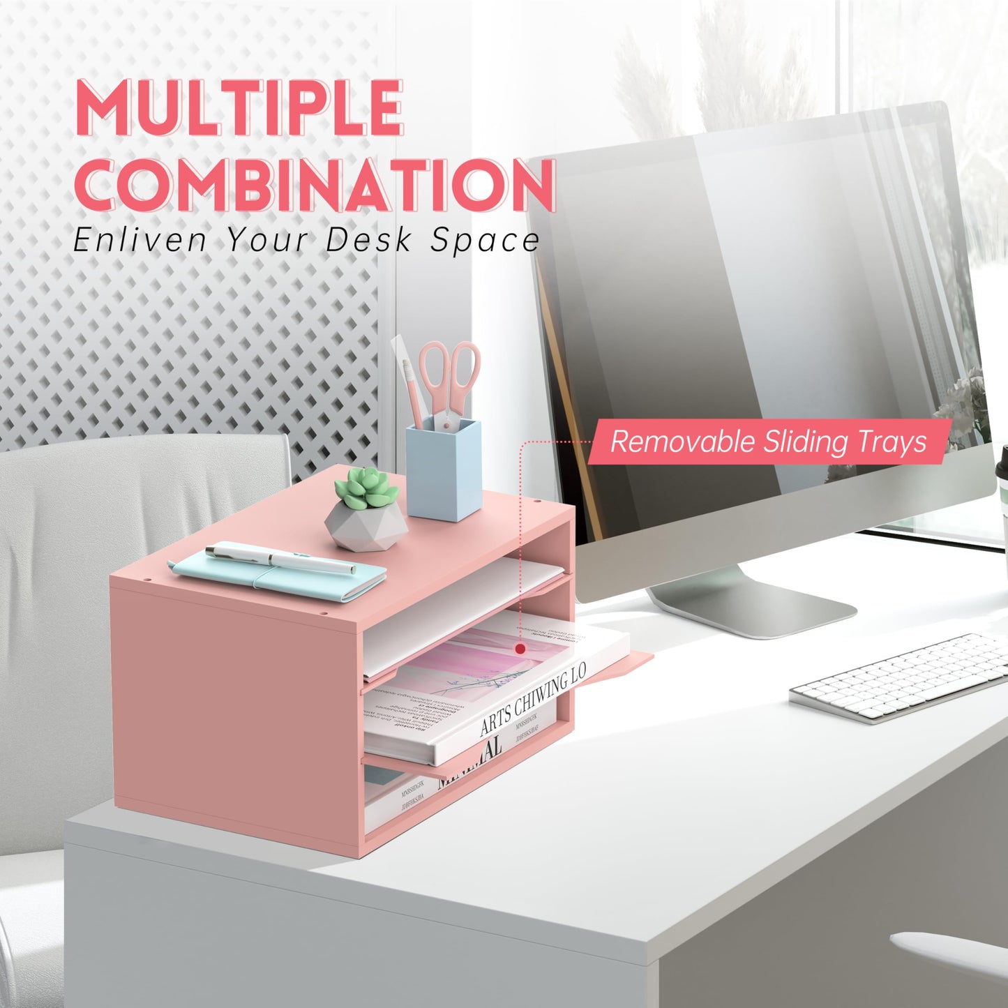 3 Tier Wood Desk Organizer, Mail Sorter and Paper Organizer for Desk, Pink