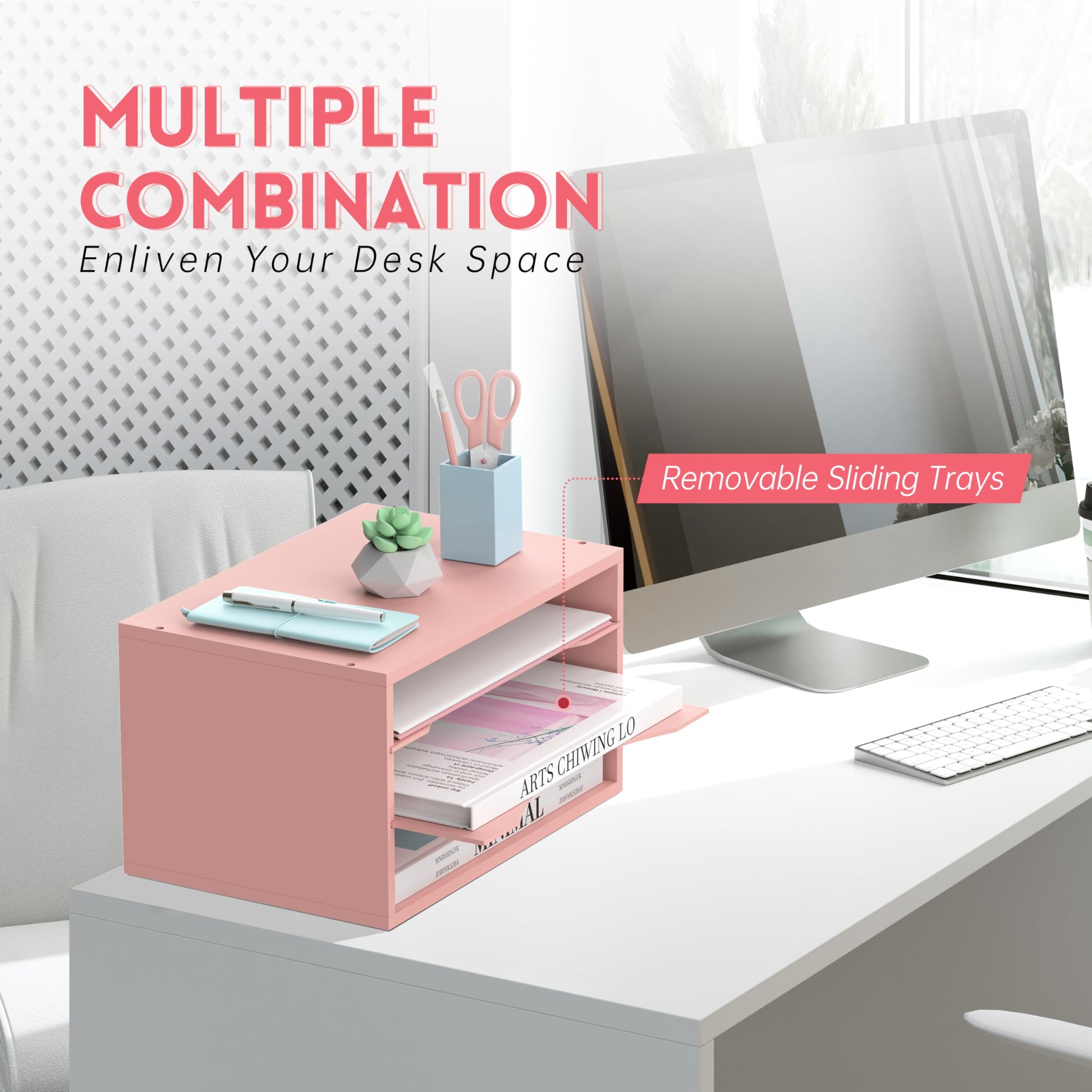 3 Tier Wood Desk Organizer, Mail Sorter and Paper Organizer for Desk, Pink