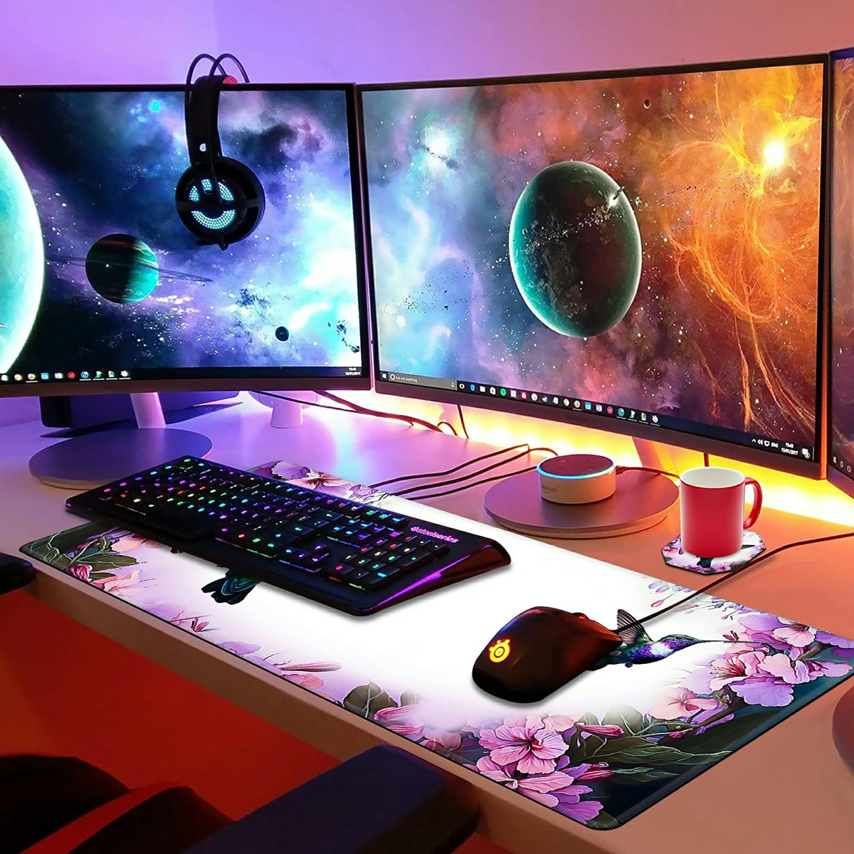 Hummingbird Extended Large Mouse Pad with Coaster - 35.4 x 15.7 Full Desk Mousepad - Stitched Edges