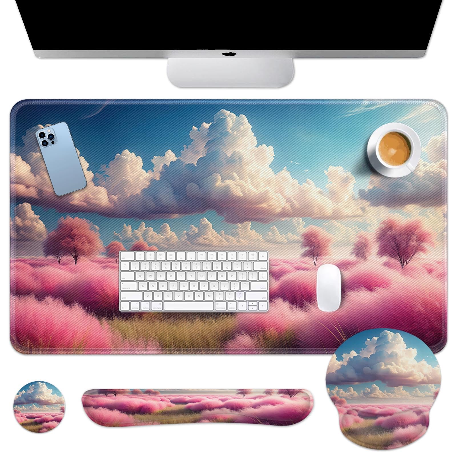 Britimes Keyboard Mouse Pad Set, 4 in 1 Desk Mat Set, Pink Clouds