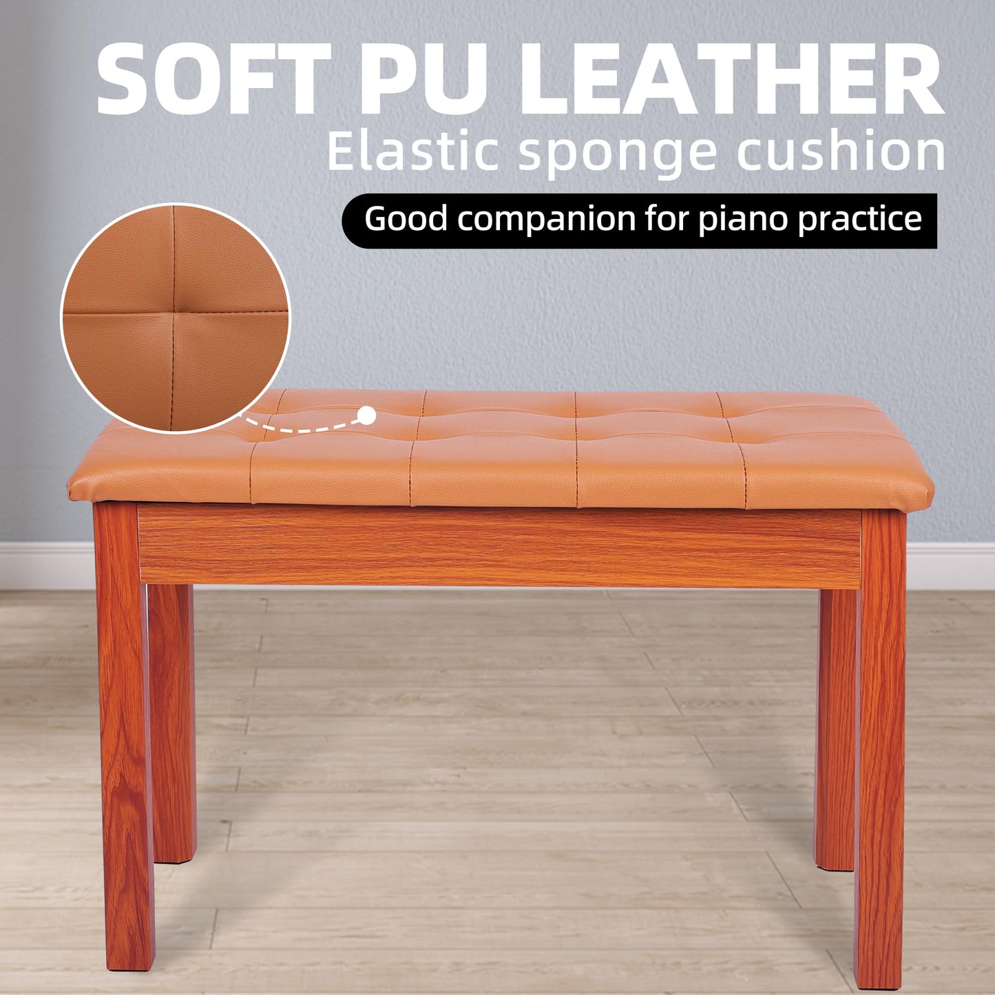 Wooden Duet Piano Bench with Padded Cushion and Storage Compartment, Brown