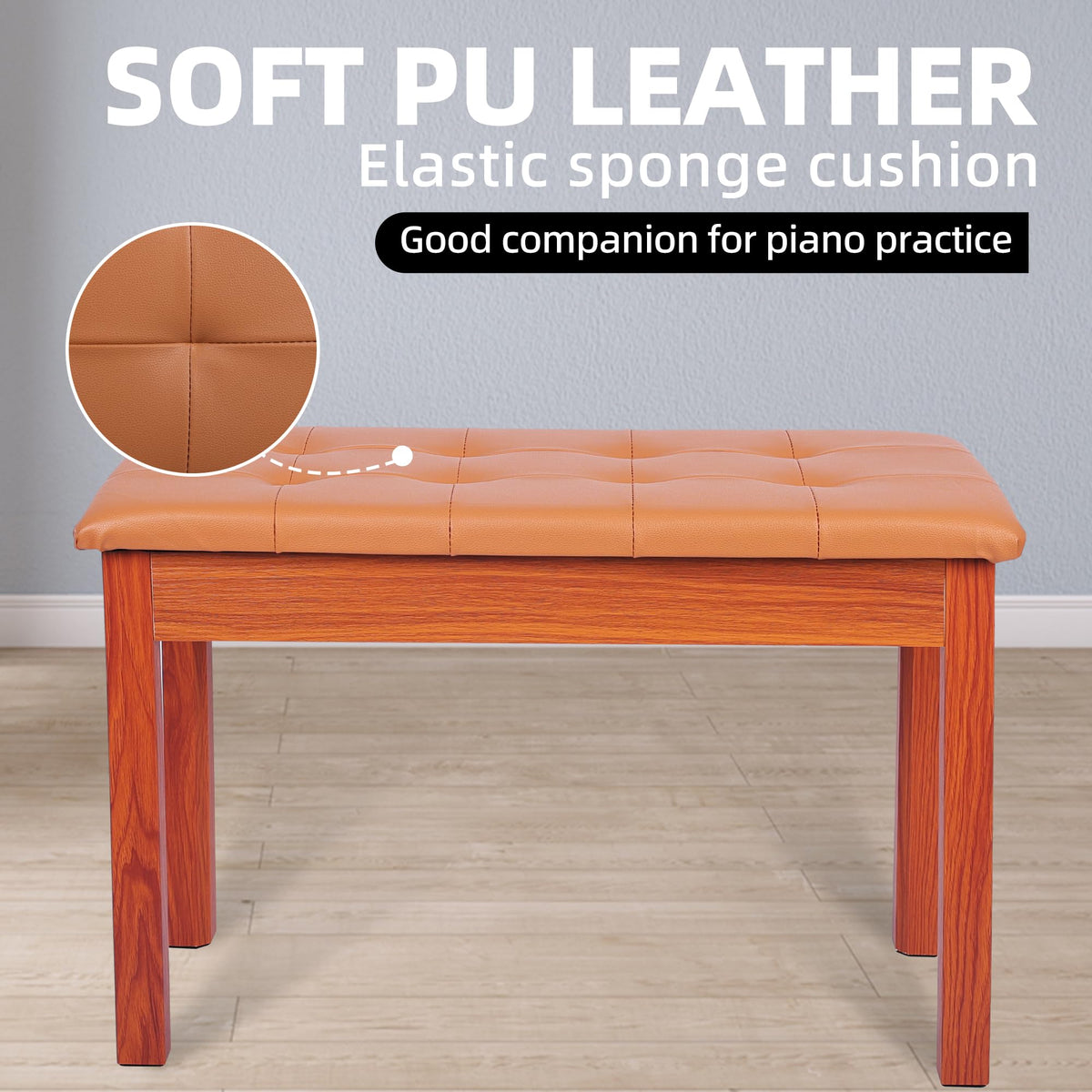 Wooden Duet Piano Bench with Padded Cushion and Storage Compartment, Brown
