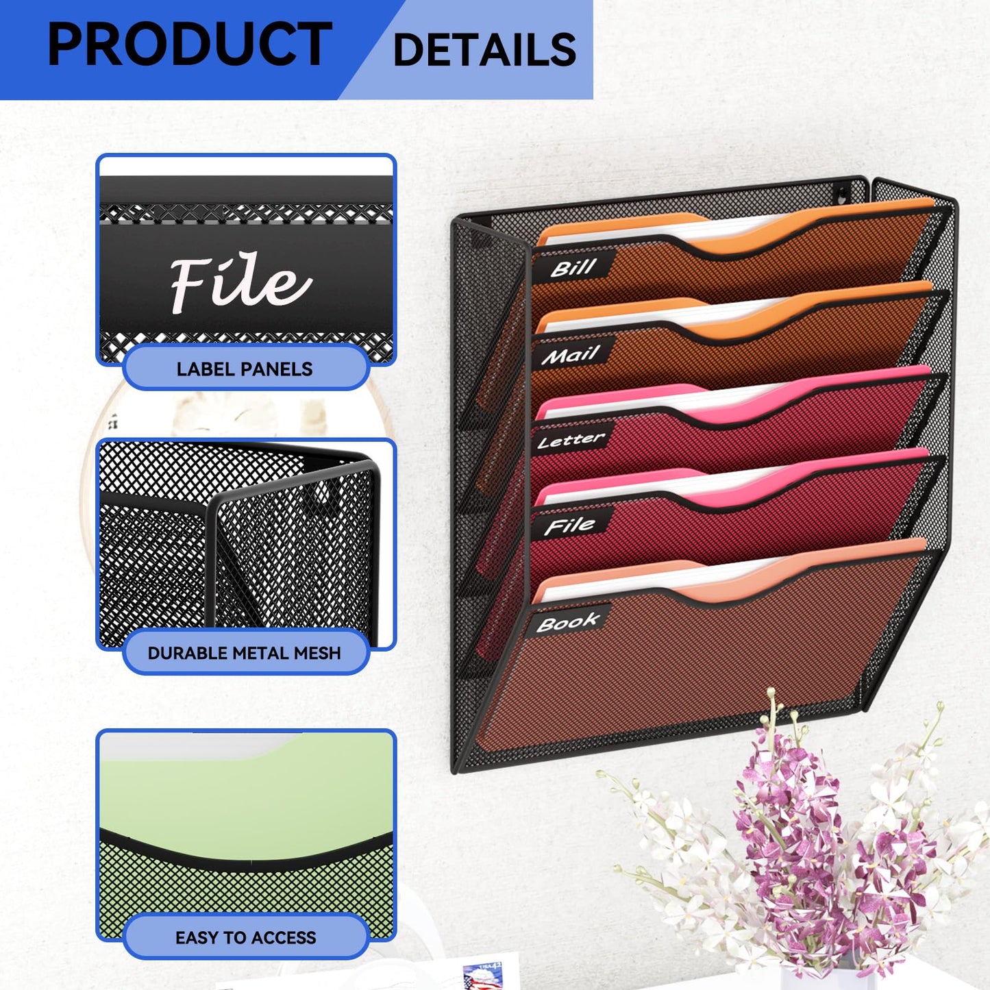 GDINDINFAN 5 Pockets Hanging Wall File Organizer Mail Holder, Wall Mounted Paper Document Folder