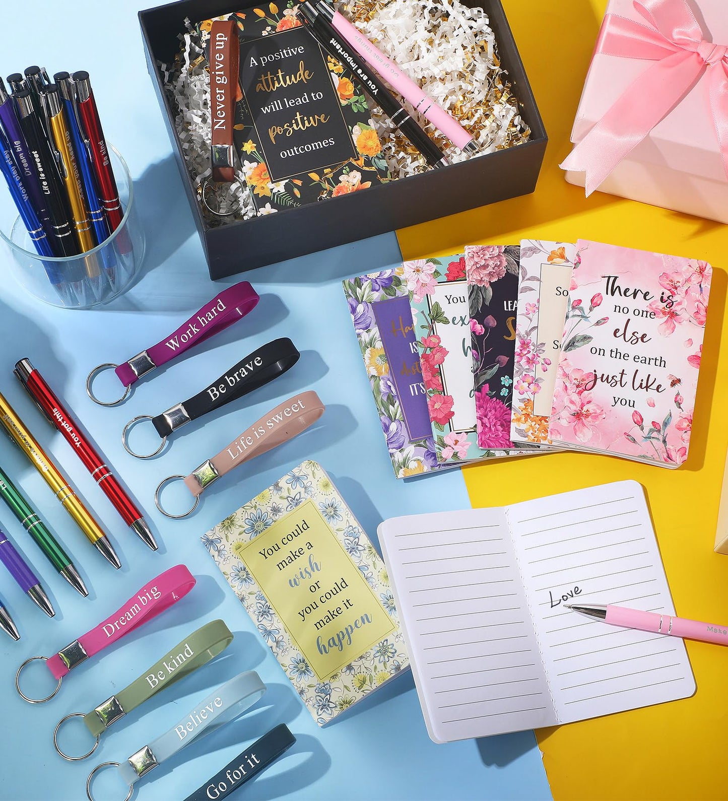 PerKoop 48 Pcs Inspirational Gifts Bulk Motivational Notepads Ballpoint Pens Keychains Set Floral