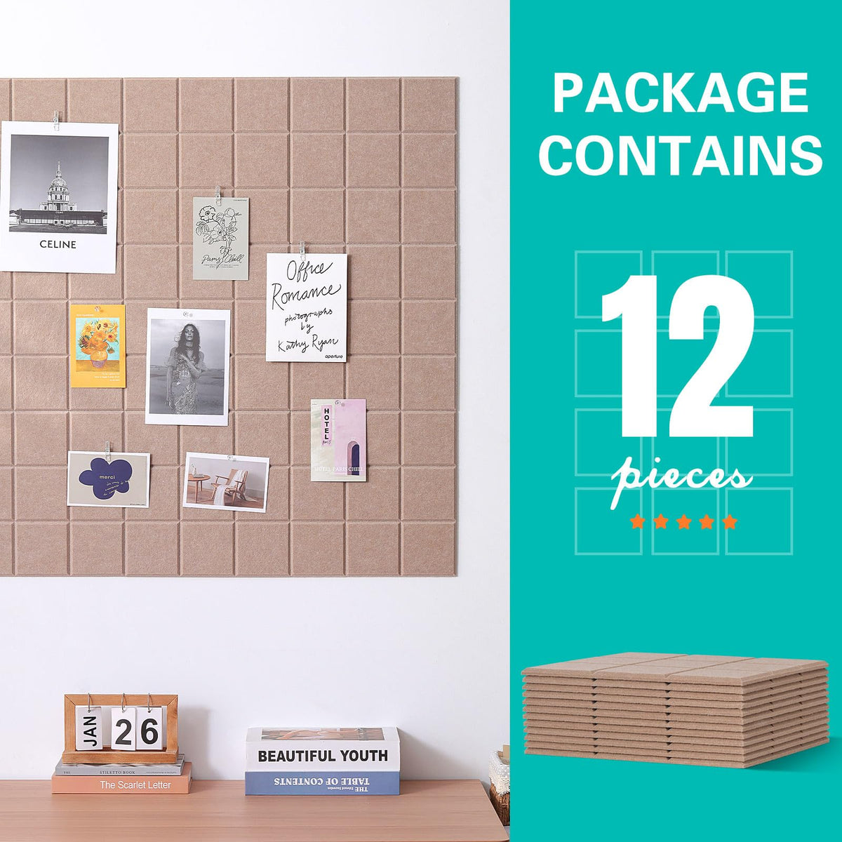 Cork Board for Walls 48" x 36", Bulletin Board for Office Decor, 12 Pack Felt Wall Tiles with Safe