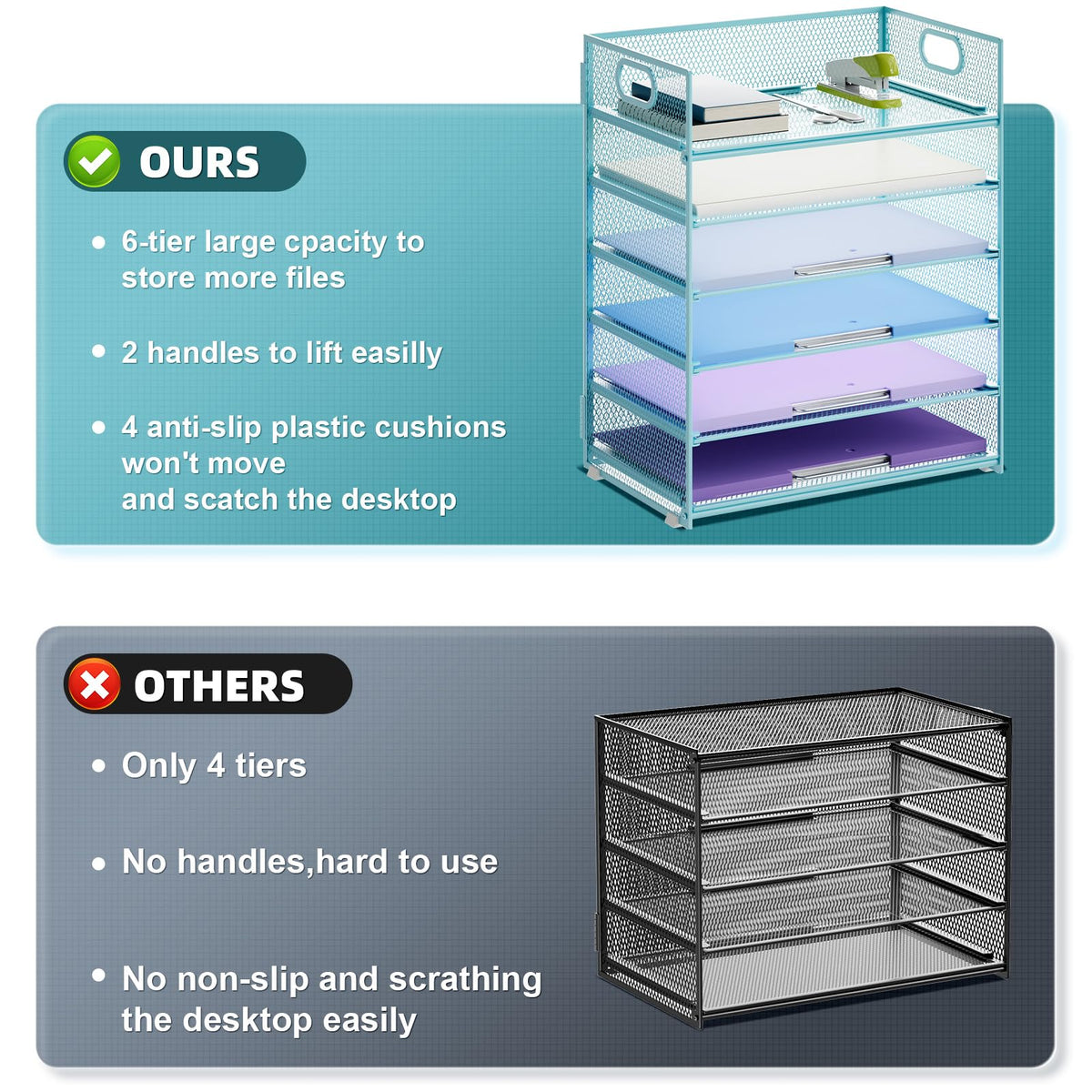 Marbrasse 6 Tier Paper Organizer Letter Tray - Mesh Desk File Organizer with Handle, Paper Sorter