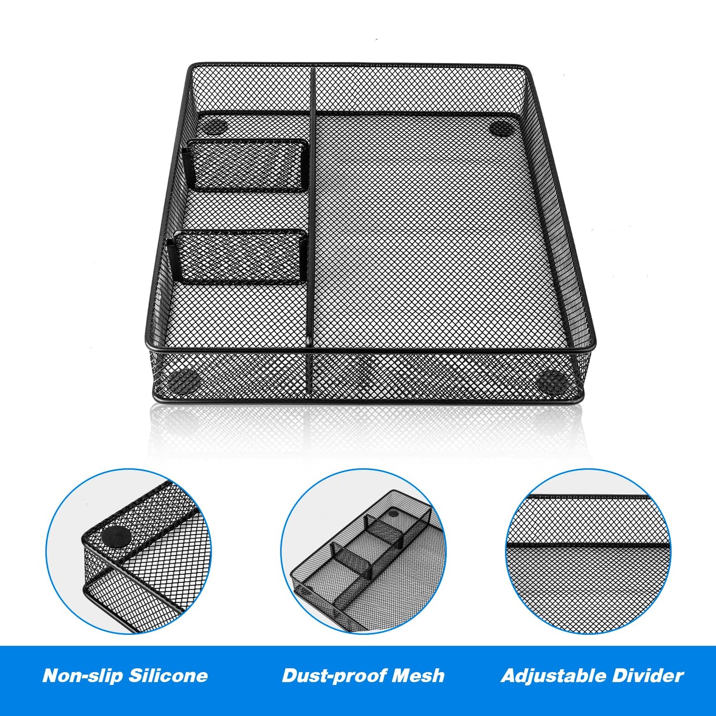 VyGrow Desk Drawer Organizer Tray, Metal Mesh Drawer Organizers Office, 4 Grid with Adjustable