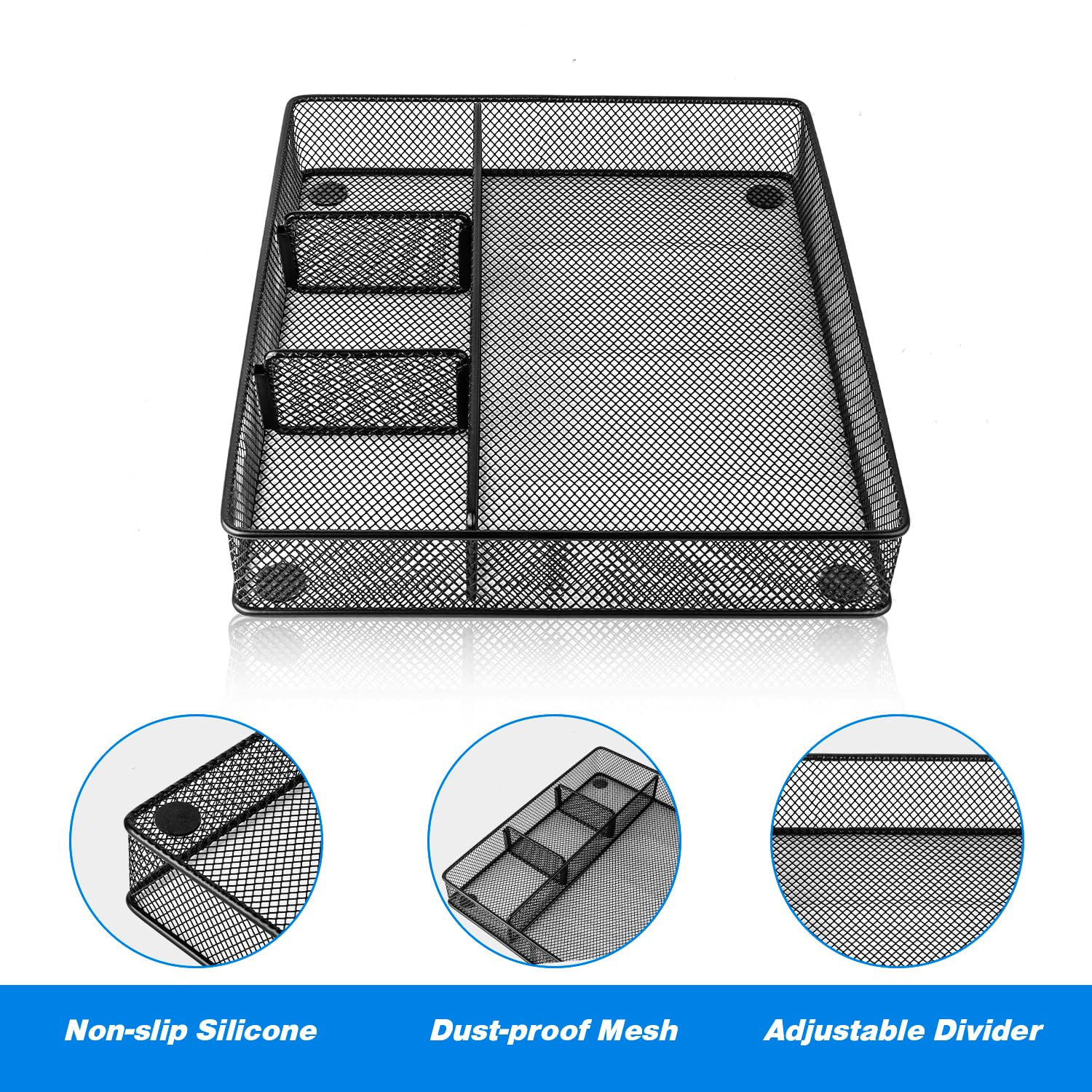 VyGrow Desk Drawer Organizer Tray, Metal Mesh Drawer Organizers Office, 4 Grid with Adjustable