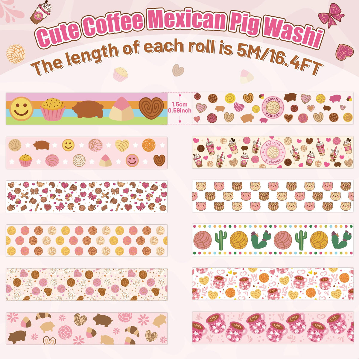 BkeeCten 12 Rolls Mexican Bread Washi Tape for Card Making Planner Decor