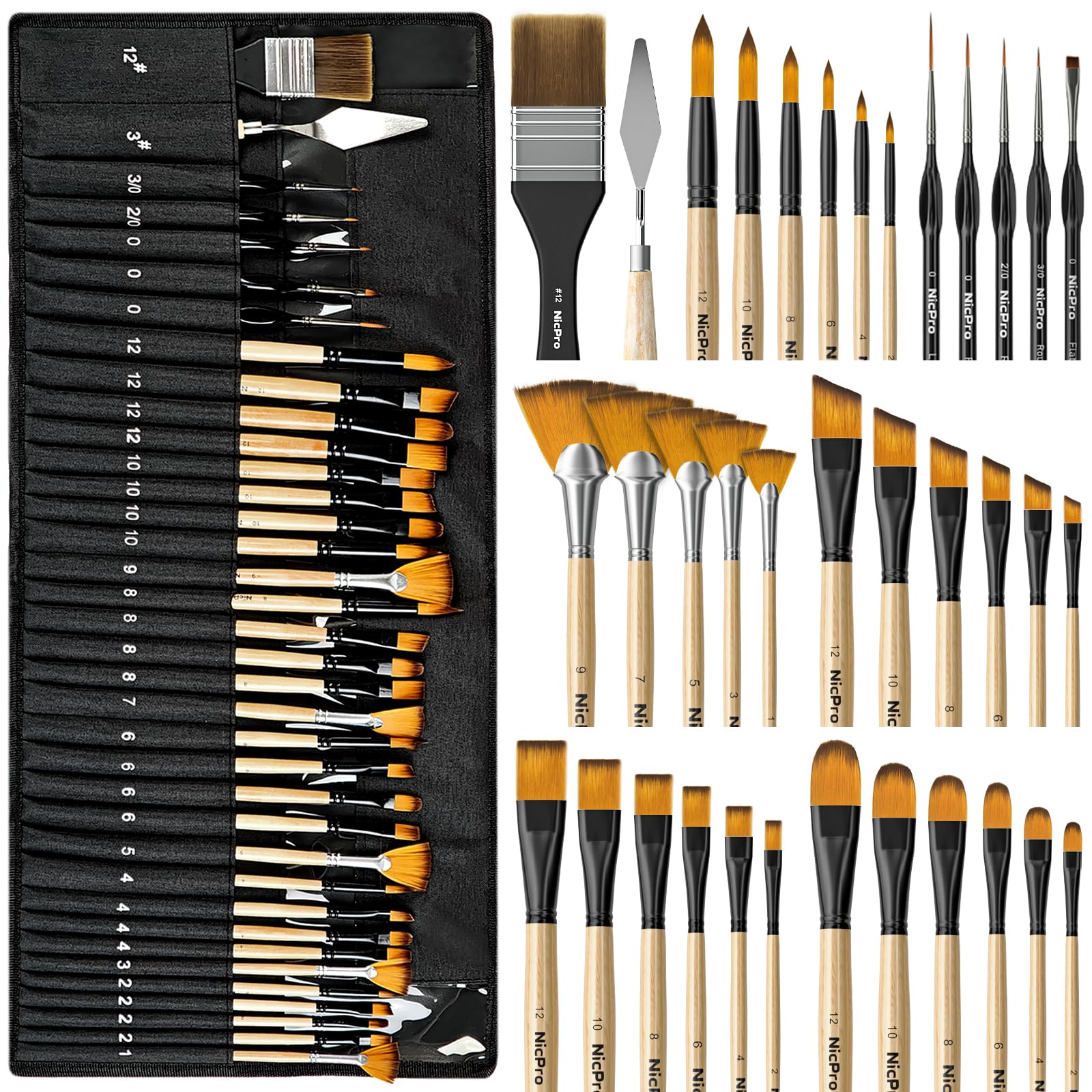 Nicpro 36pcs Paint Brush Set for Acrylic Painting,Oil, Watercolor (Wood)