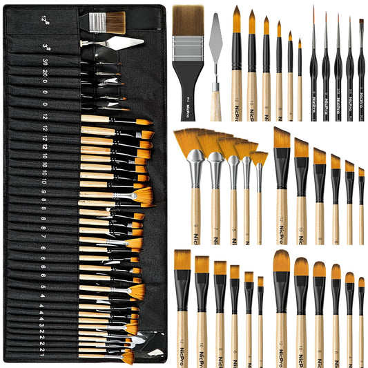 Nicpro 36pcs Paint Brush Set for Acrylic Painting,Oil, Watercolor (Wood)