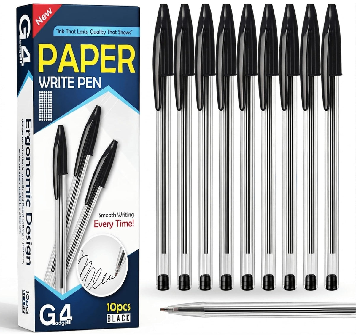 G4GADGET Premium Pack of 10 Black Biro Ballpoint Pens - Medium Tip for Fluent, Smooth Writing