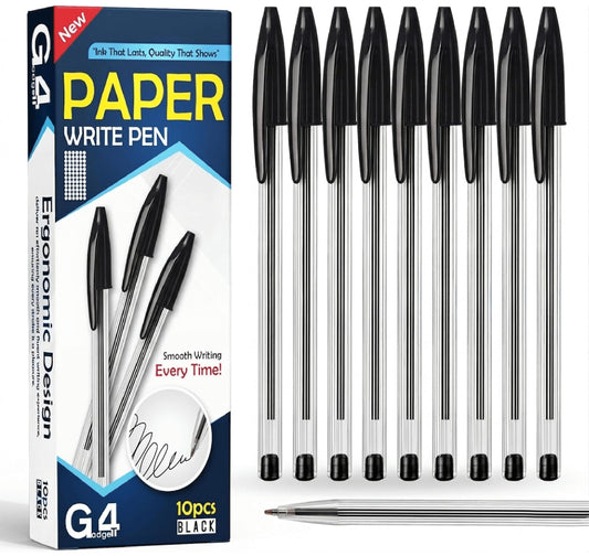 G4GADGET Premium Pack of 10 Black Biro Ballpoint Pens - Medium Tip for Fluent, Smooth Writing