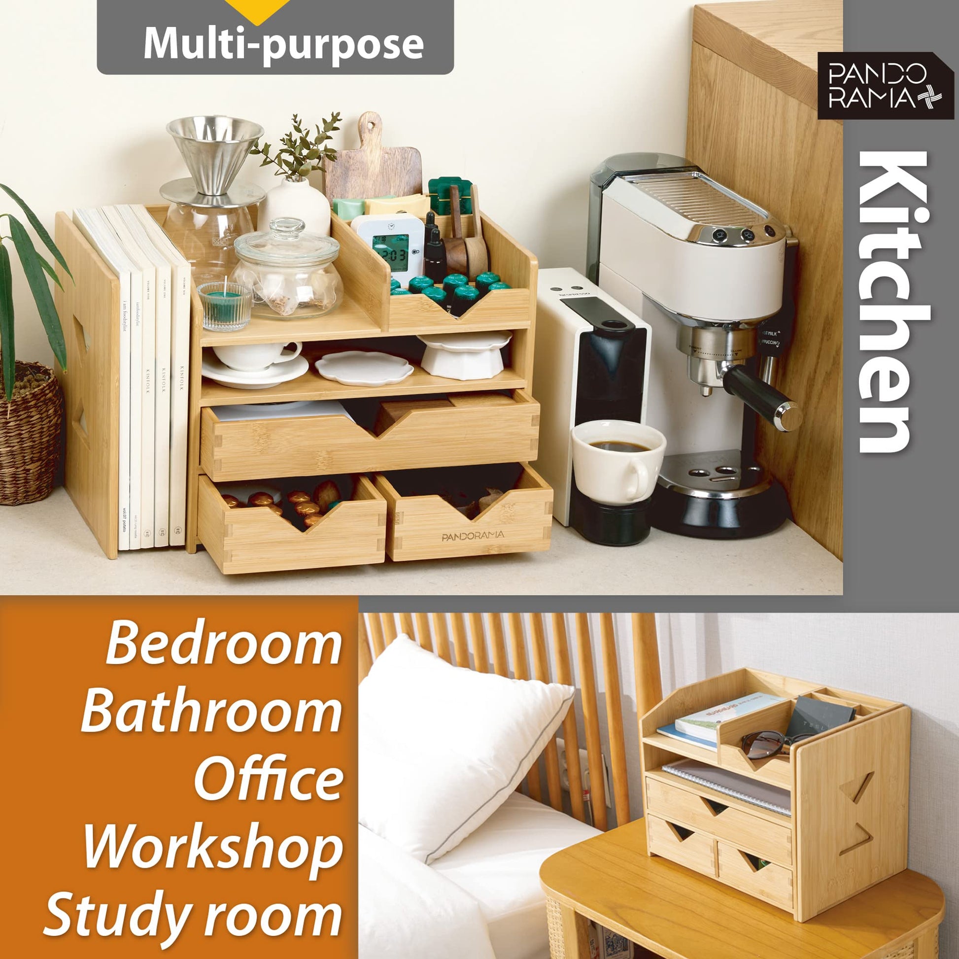 Pandorama Bamboo Desk Organizer Large - A4 Drawers & Adjustable File Holder, Fully Assembled Wood