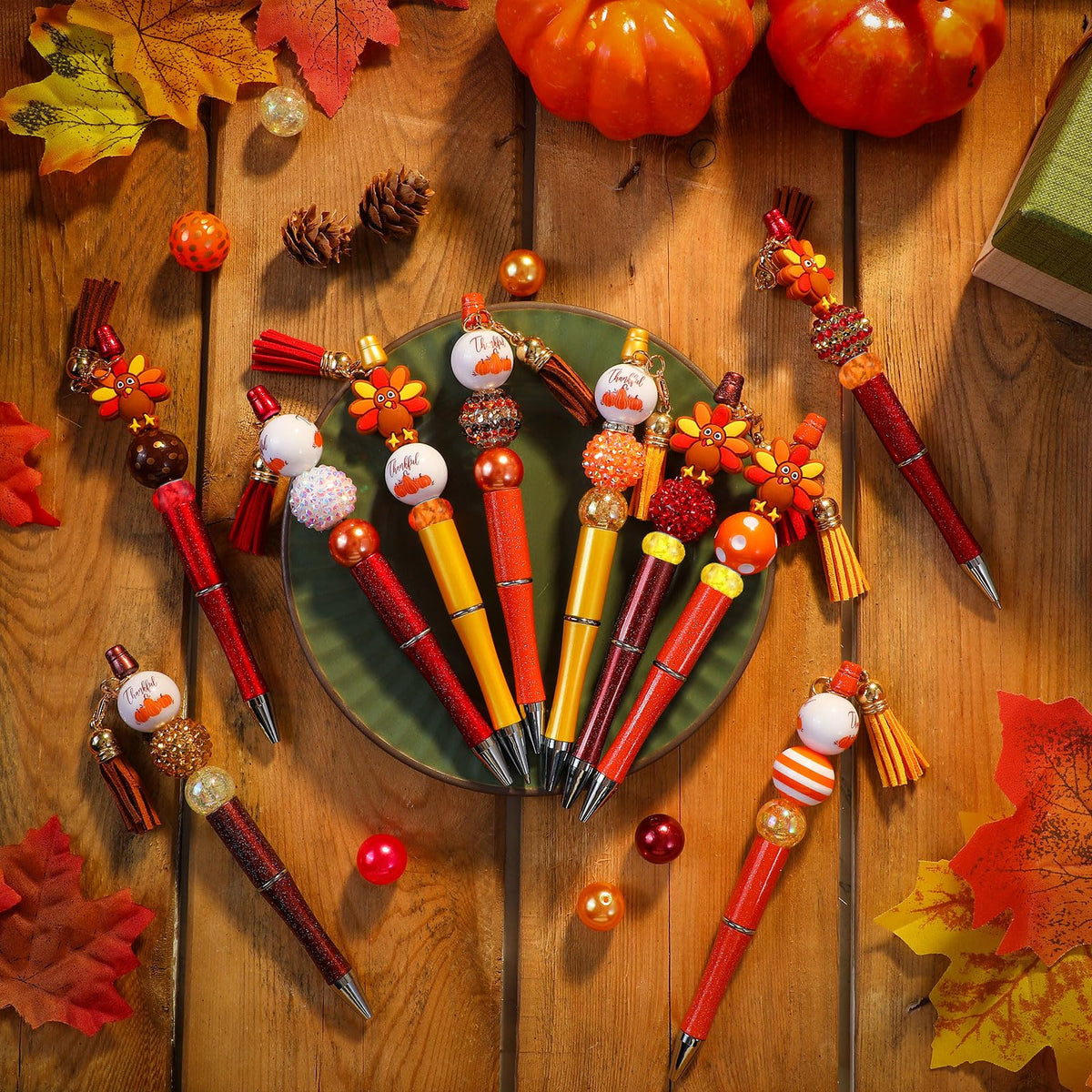 Jutom 12 Thanksgiving Bead Pens DIY Kit 50 Beads 12 Tassels Turkey Pendants