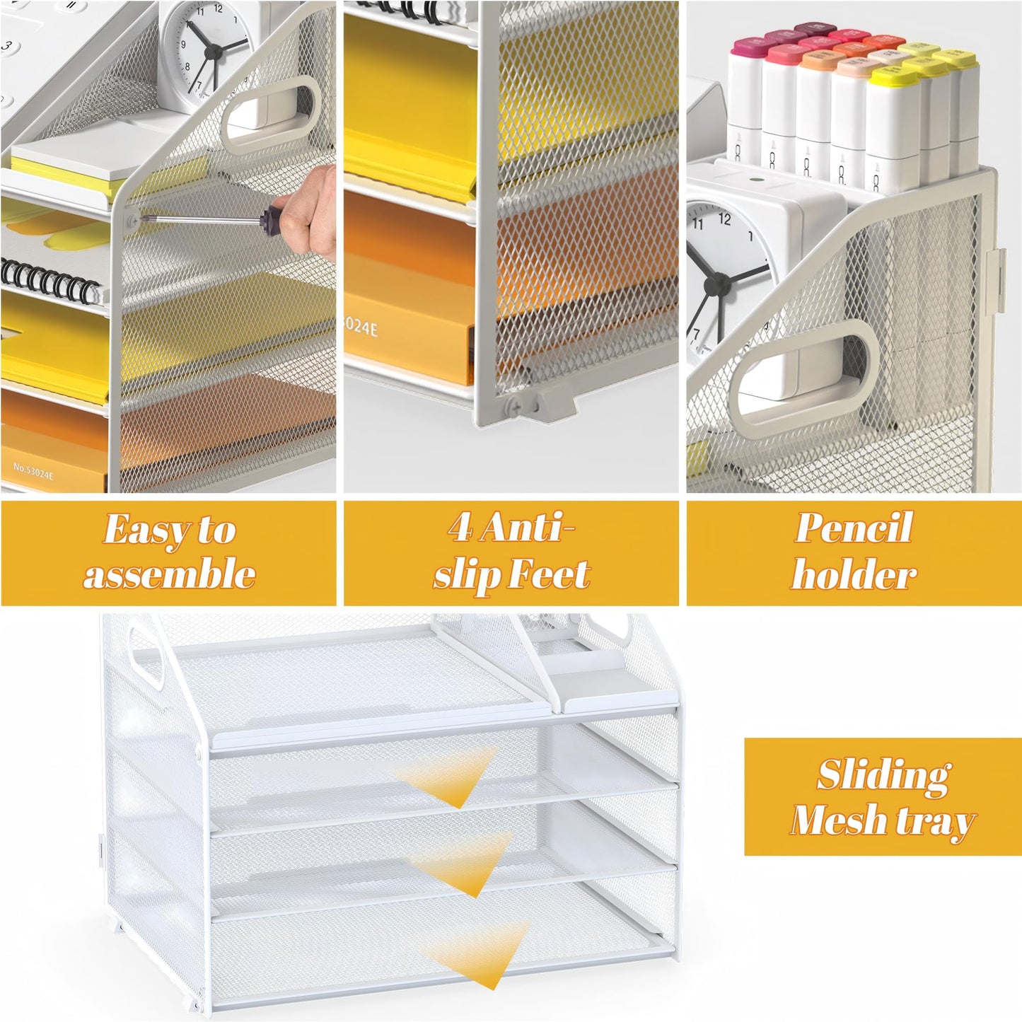 OrgMate 4 Tier Mesh Desk Organizer with Pen Holder and Handle Letter Tray
