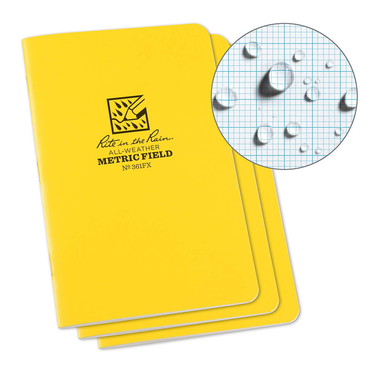 Rite In The Rain Weatherproof Stapled Notebook, 4.625" x 7", Yellow Cover, Metric Field Pattern, 3