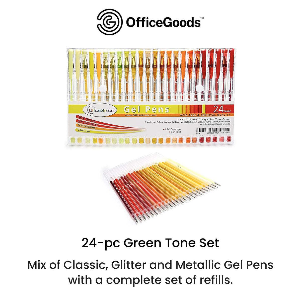 OfficeGoods Yellow, Orange and Red Gel Pens with Refills, 24 Pack