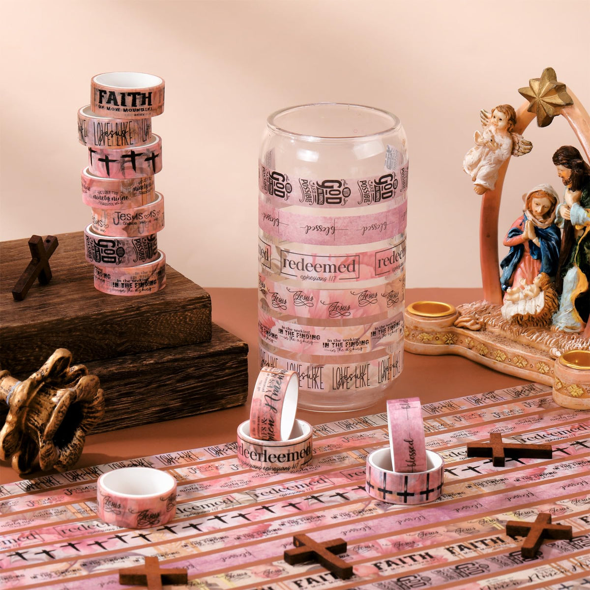 Janlaugh 24 Rolls Christian Washi Tape Gifts for Bible Journaling, Pink