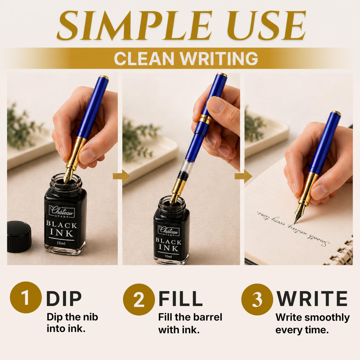 Château Avant Fountain Pen Set | Refillable Blue Fountain Pen with Black Ink Bottle, Fine Nib, and