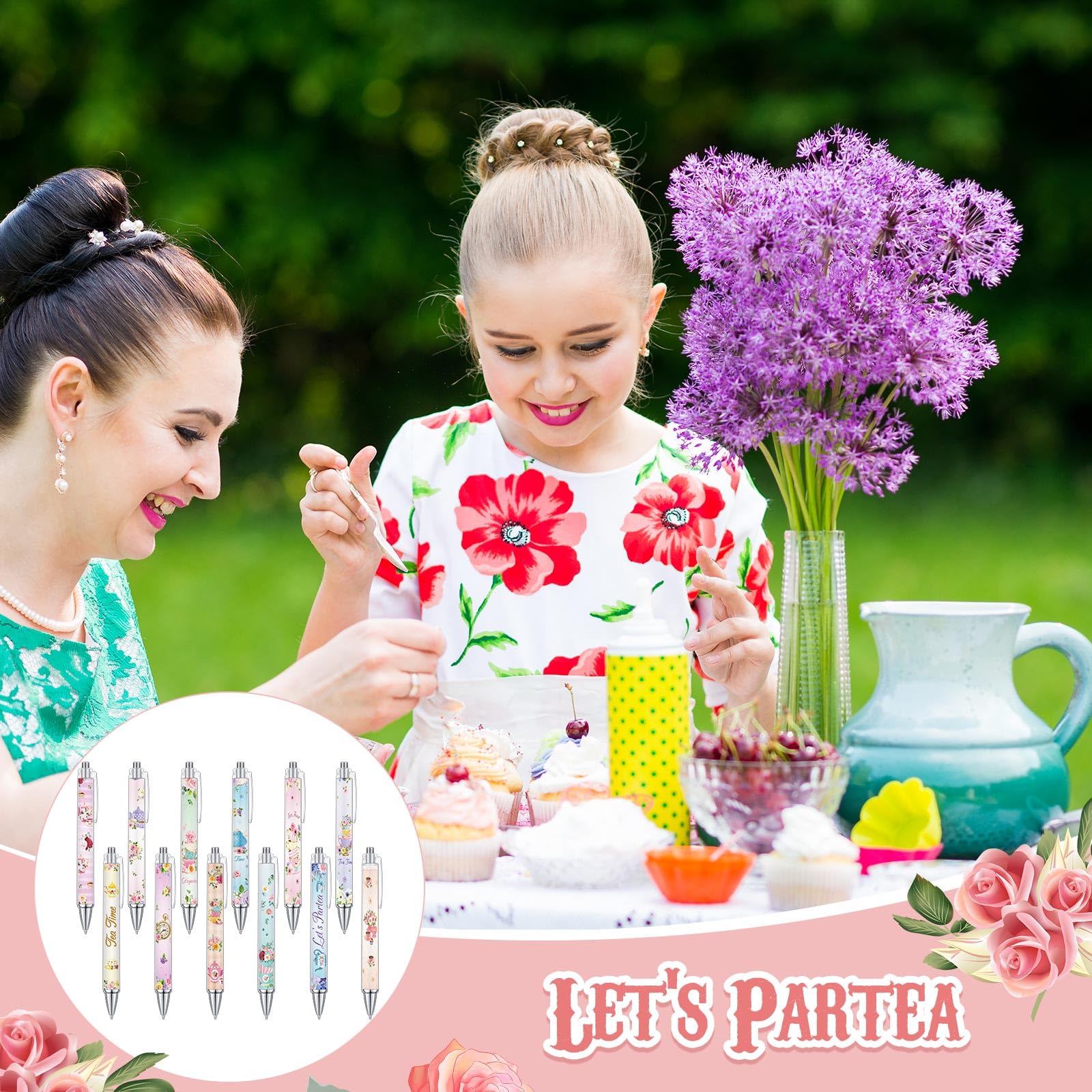 Cholemy 96 Pcs Floral Tea Pens, Retractable Black Ink Ballpoint Set