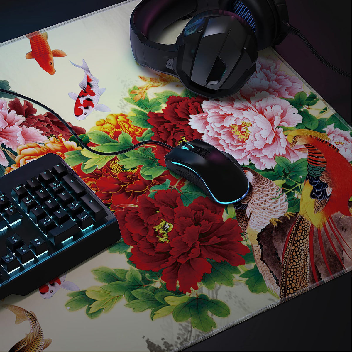 LL-COEUR XXL Landscape Gaming Mouse Pad Computer Keyboard Mat Office Desk Pad (Fish, 39.3" x 19.6"