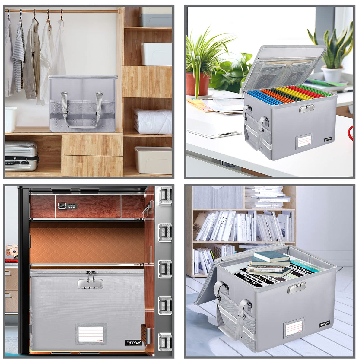 ENGPOW File Box with Lock, Fireproof Document Box with Pockets, Collapsible File Organizer Filing