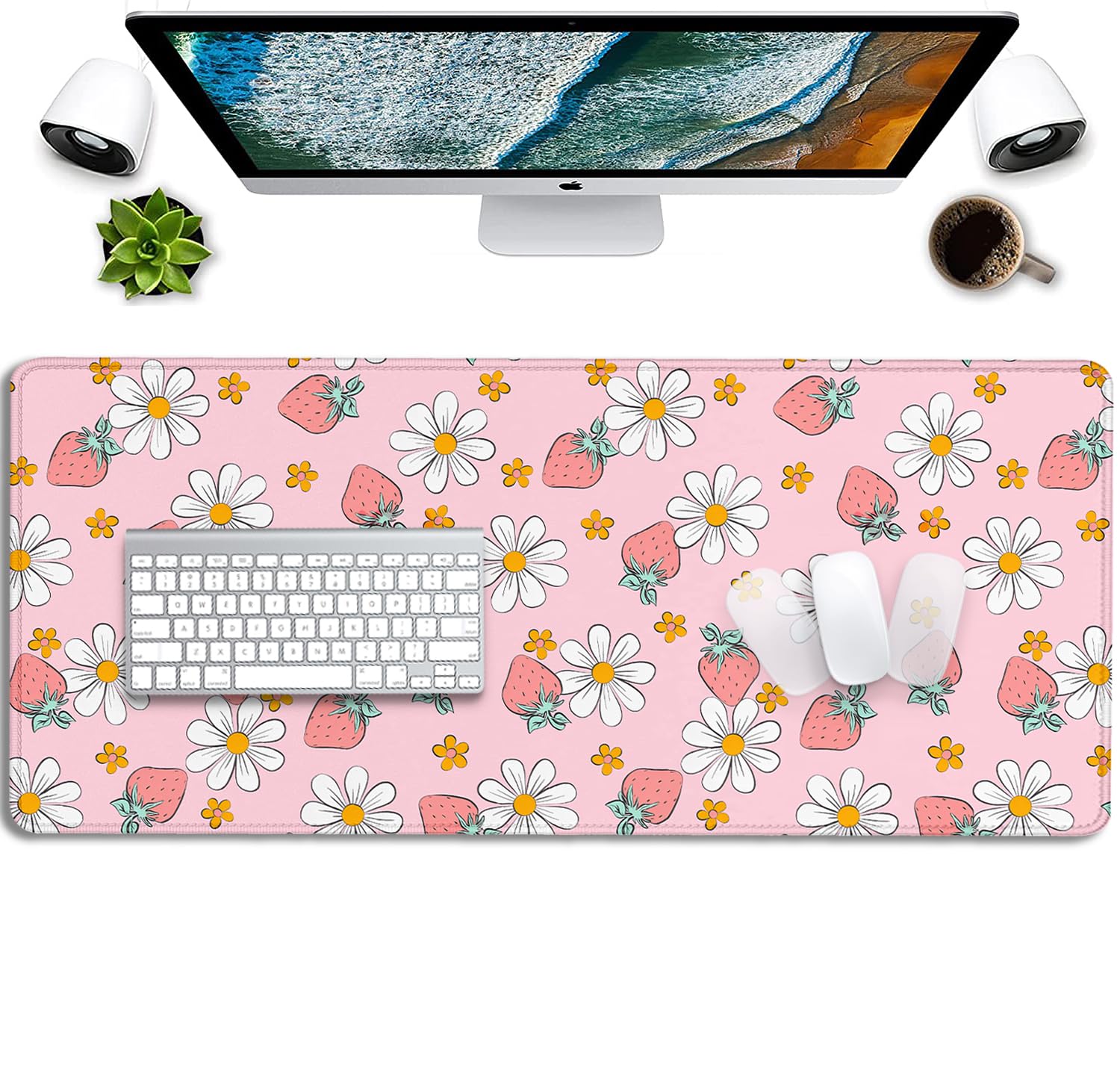 Strawberry Mouse Pad Desk Mat,Pink Large Large Gaming Mouse Mat with Stitched Edges,Non-Slip
